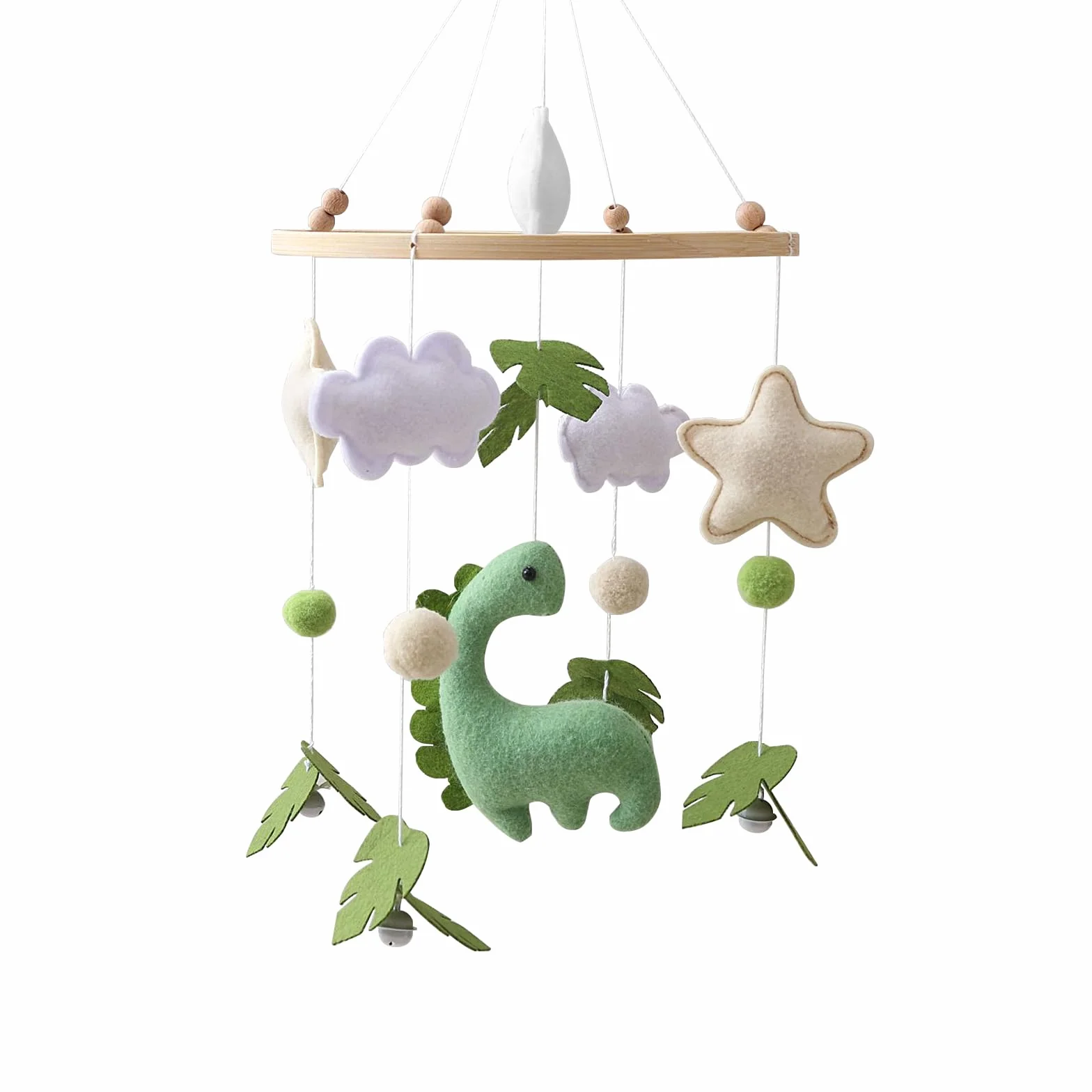 Mobile Lit Bébé Bois avec Feutre Dinosaures Feuilles Nuages Étoiles Clochette Cadeau Fille Garçon