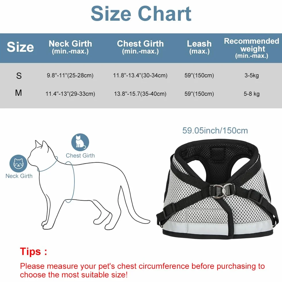 Harnais pour Chat Respirant Souple Réglable Anti Évasion avec Laisse 1.5m AUYAO