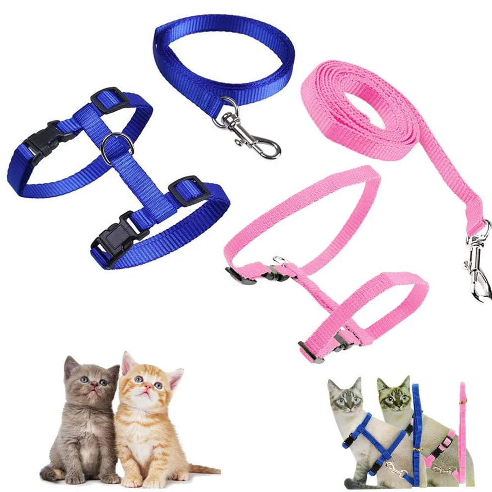 Lot de 2 Harnais réglables en Nylon pour Chat avec Laisse, Bleu et Rose