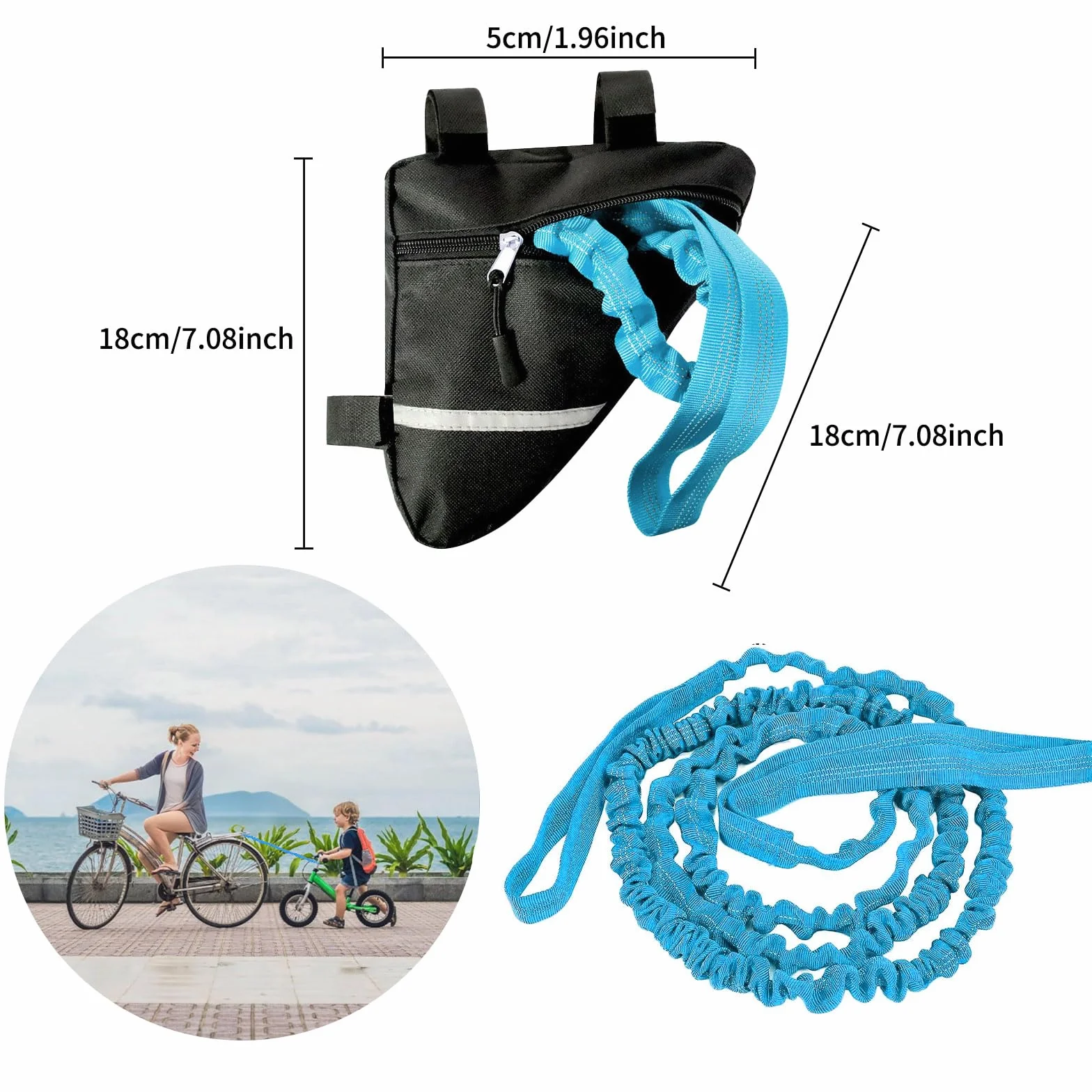 Câble Remorquage Vélo Enfant 4,5 m Élastique avec Sac de Transport Bleu Néon