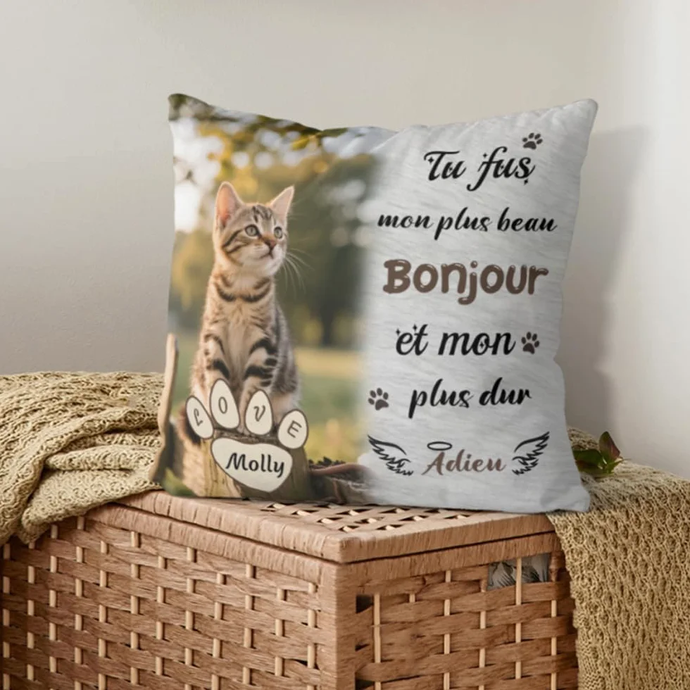Coussin Chat Personnalisé Photo et Nom Impression Recto Verso Souvenir Commémoratif Cadeau Réconfortant Perte Animal