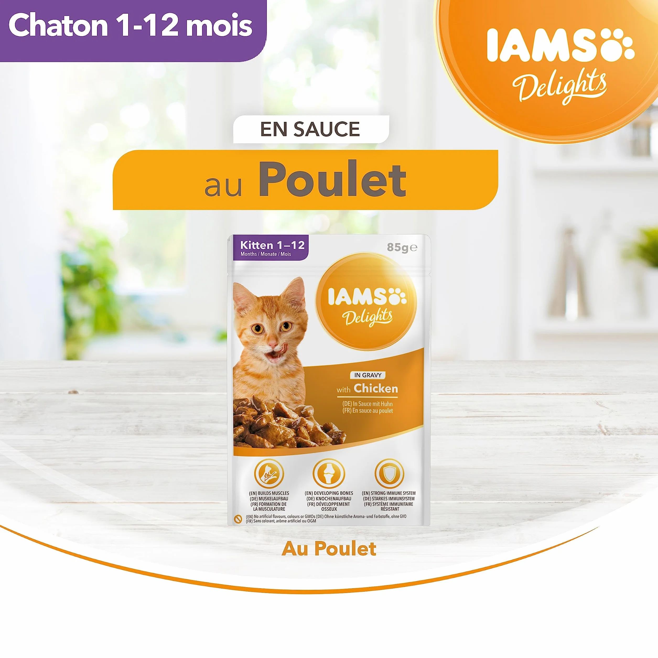 IAMS Nourriture Humide en Sauce Poulet pour Chaton 12 Sachets x 85 g