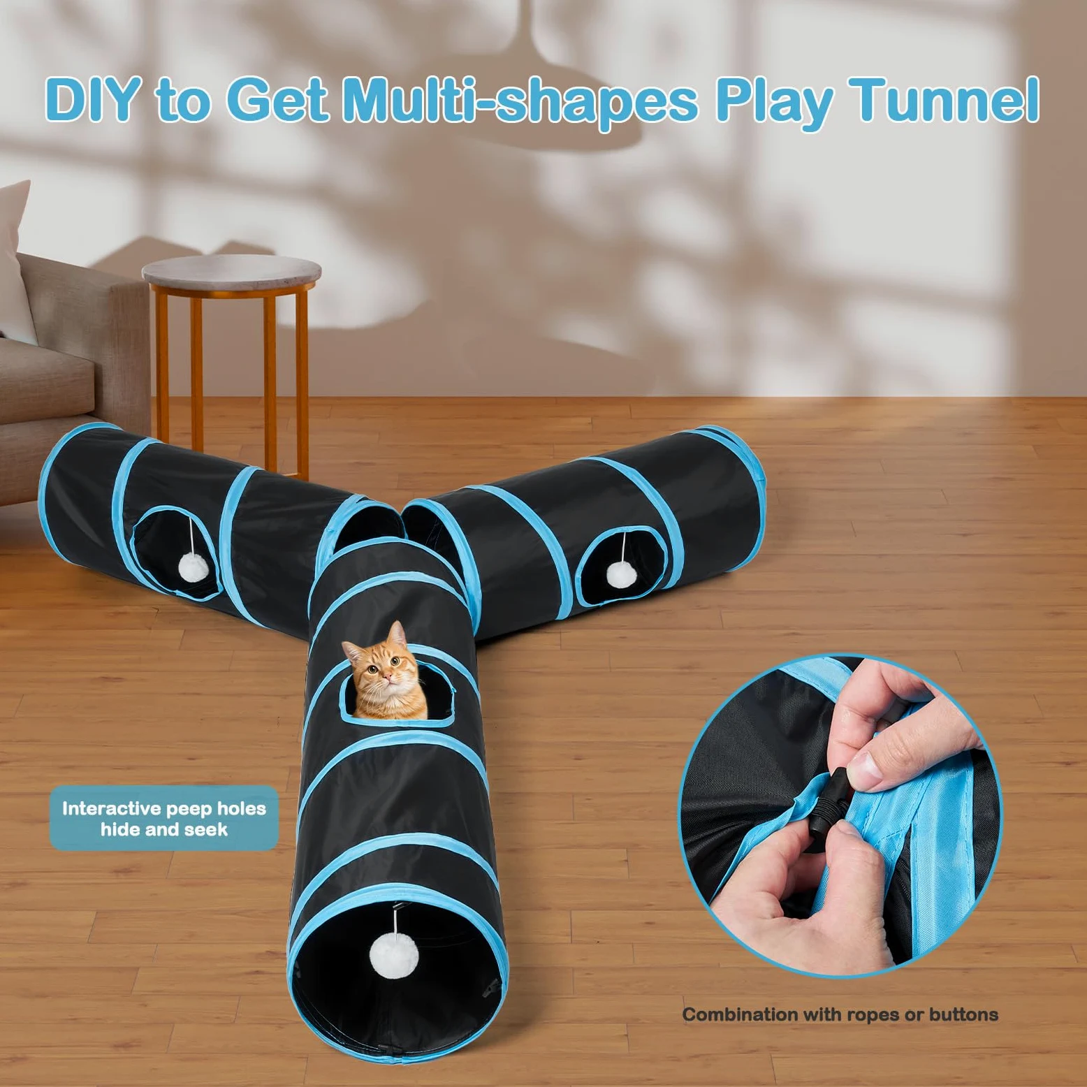 Tunnel pour chat - 3 tunnels droits pour animaux de compagnie - 6 formes à faire soi-même avec baguette - Résistant aux rayures - Tubes pliables pour chiots d'intérieur - Chaton - Lapin - Noir - 208,3