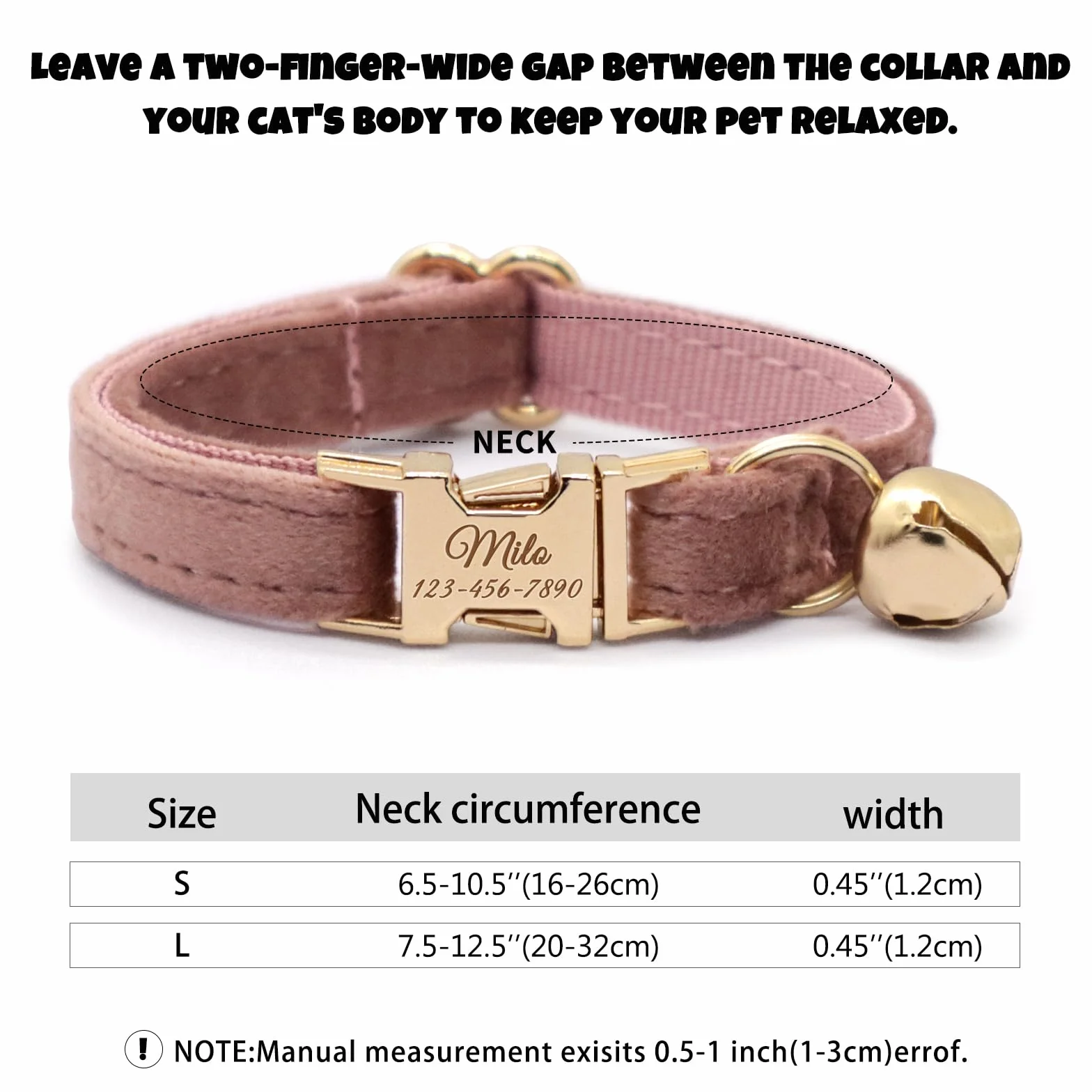 Collier pour Chat en Velours Personnalisé avec Nom et Clochette Rose Poudré