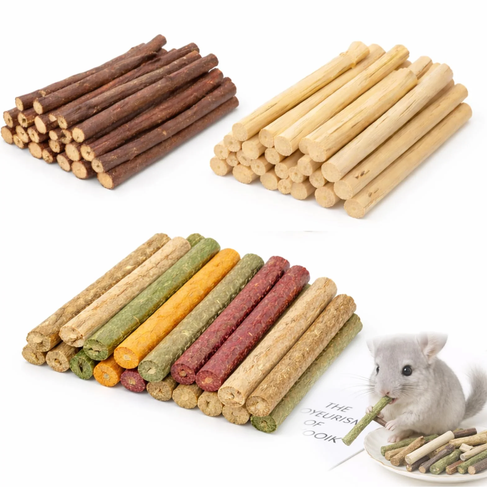 Baton de Pommier Foin Timothy Bambou Lapin Naturelle, Bâton de Dentition 120g pour Animaux
