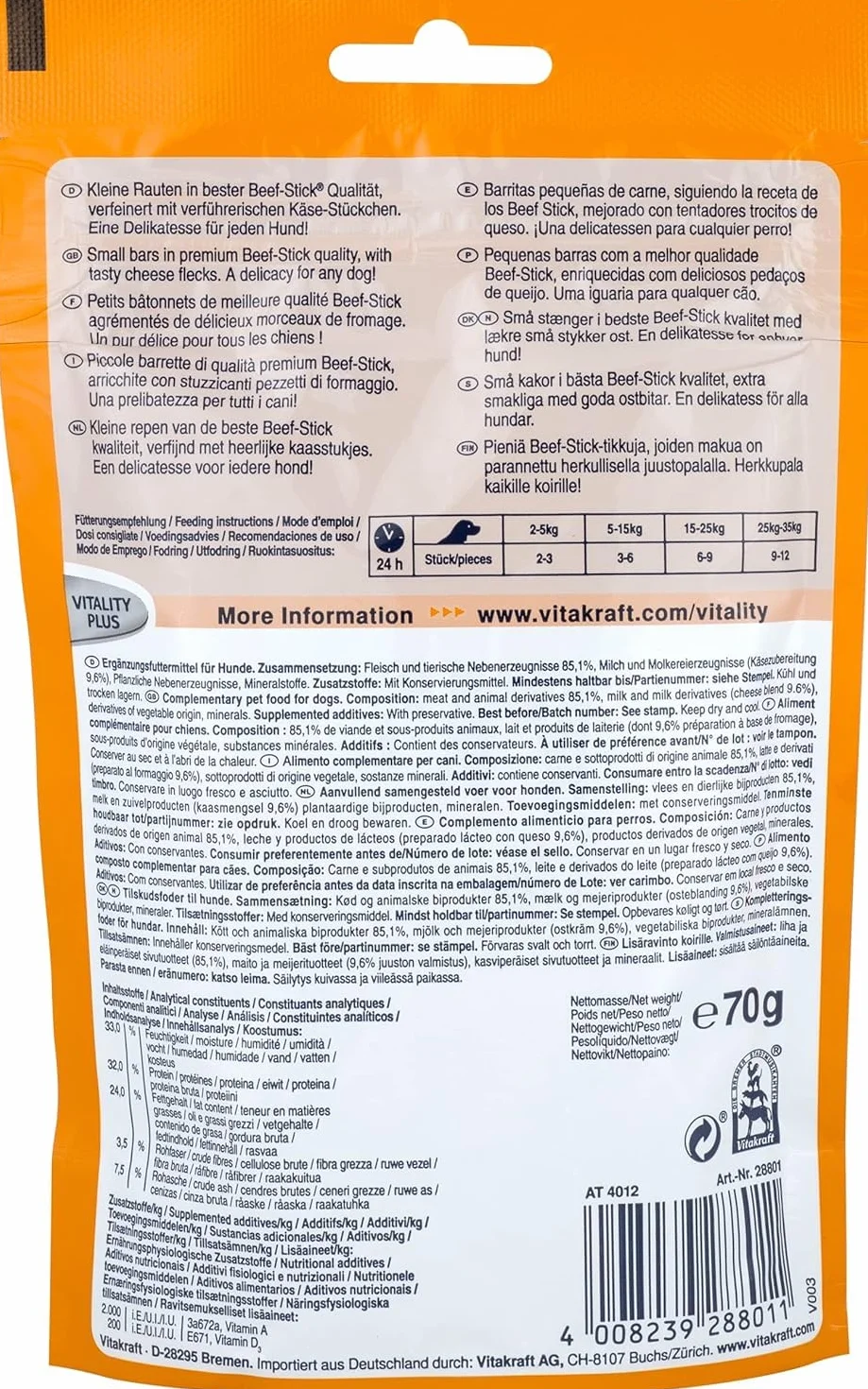 VITAKRAFT Beef Stick Quadros Friandises pour Chiens Sticks Viande Fromage sans Sucres Ajoutés 70G