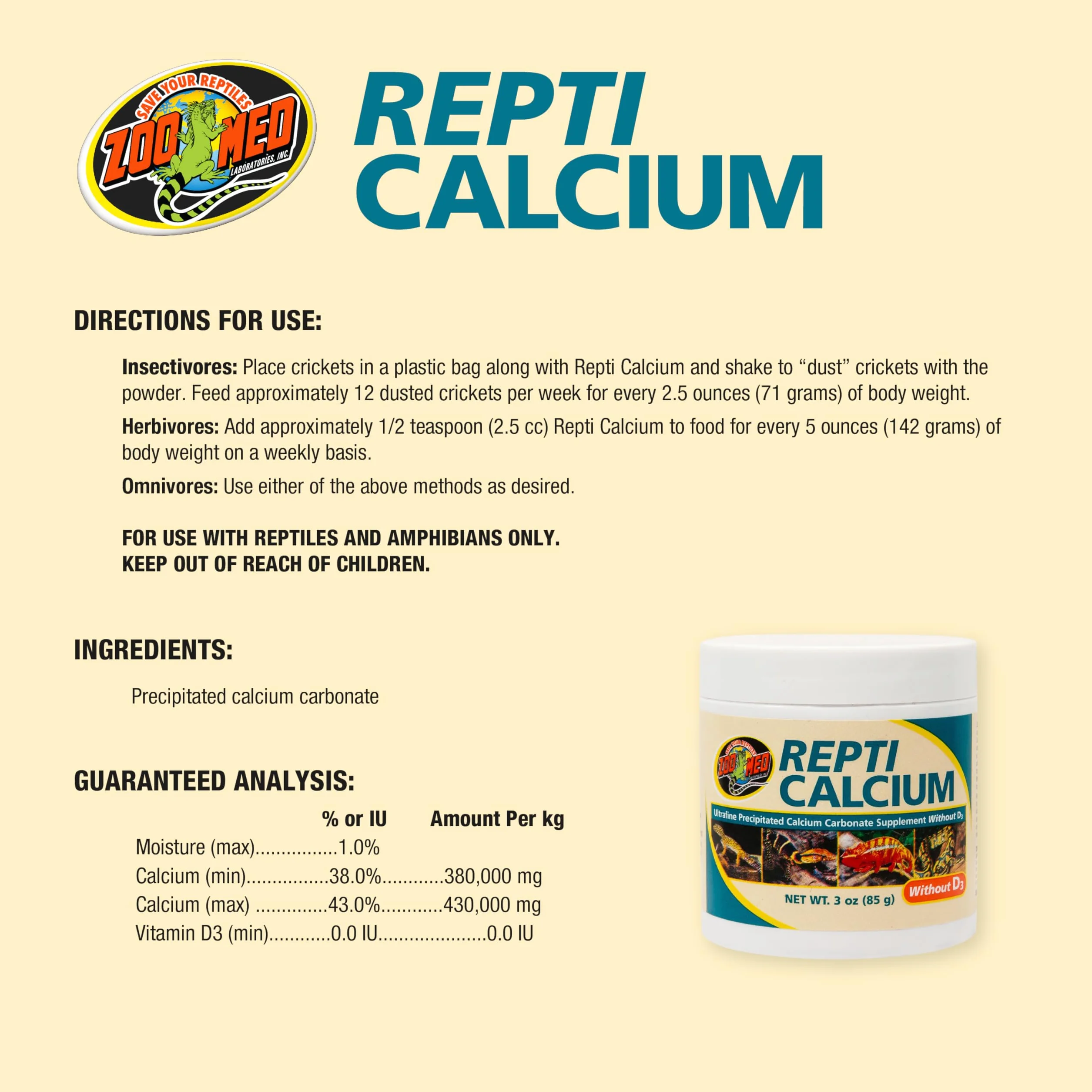 Zoo Med Repti Calcium sans D3 Complément pour Reptile 85 g