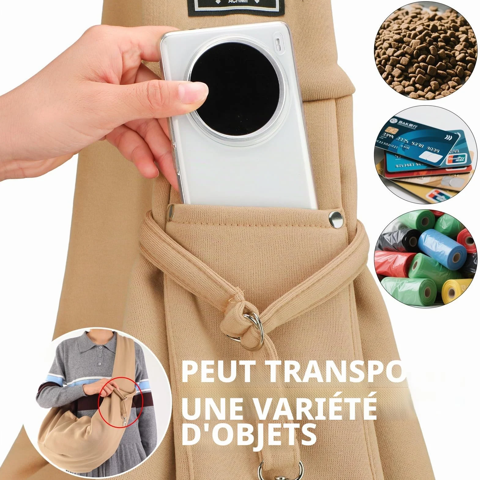 Sac de Transport pour Chien Chat à Bandoulière Mains Libres Respirant Réversible jusqu'à 7 KG Kaki