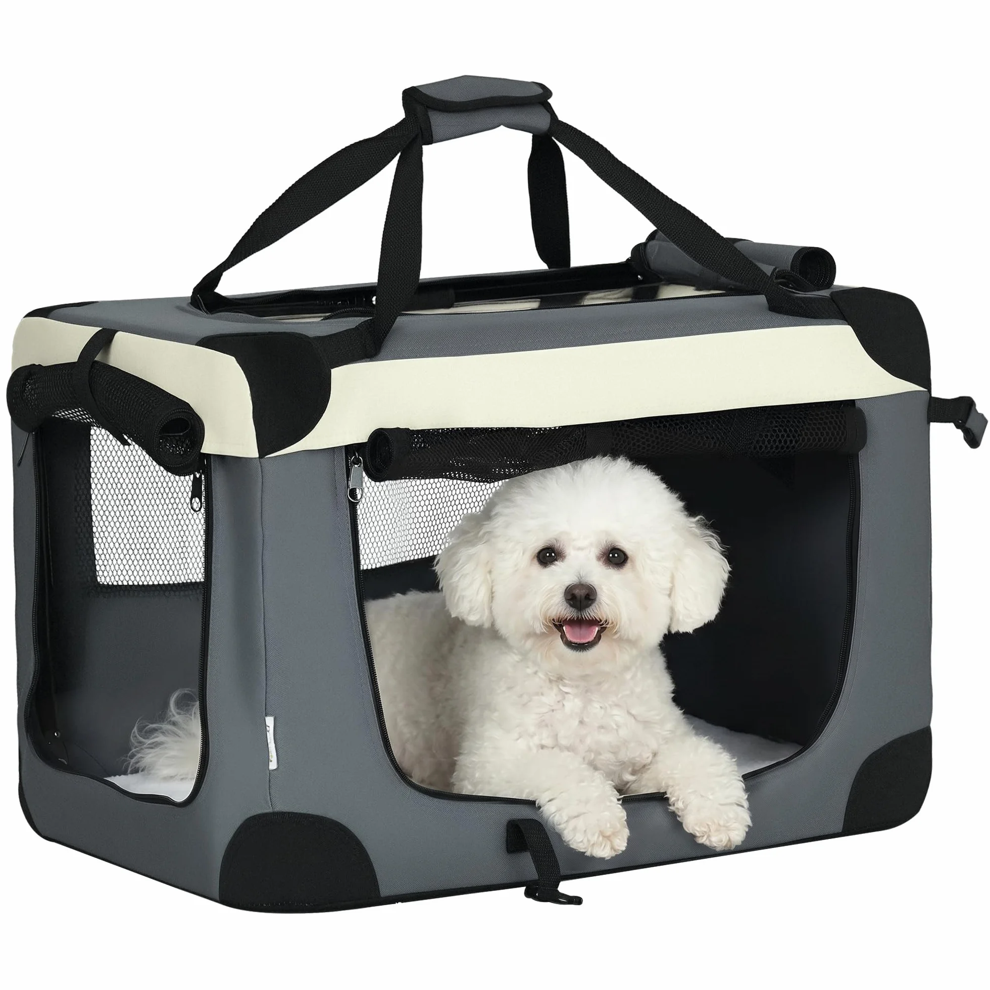 PawHut Panier de Transport pour Animal de Compagnie Pliable Portable Ouverture Supérieure Tissu Maille Respirant Gris Noir
