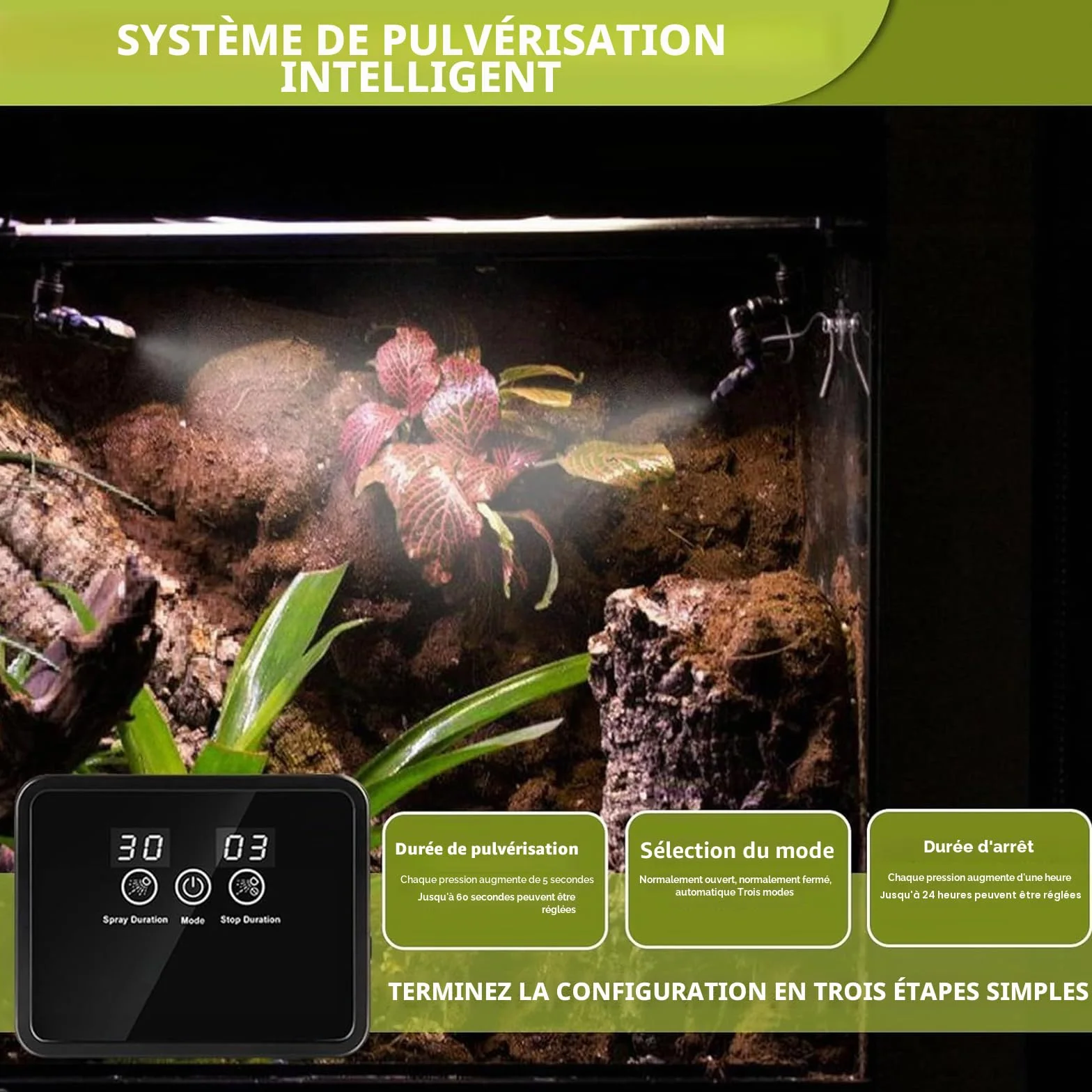 Humidificateur intelligent pour reptiles - Système d'arrosage pour terrarium avec minuterie et buses de pulvérisation