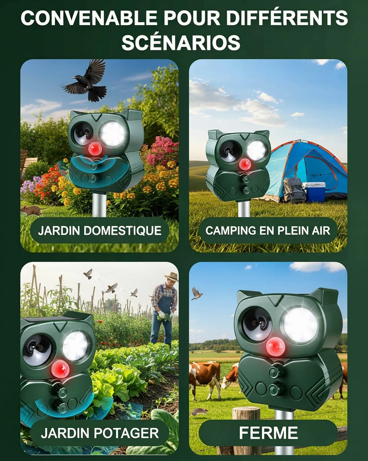 Répulsif Chat Extérieur Ultrason Solaire & USB, 5 Modes Réglables, IP65 Étanche pour Jardin Terrasse