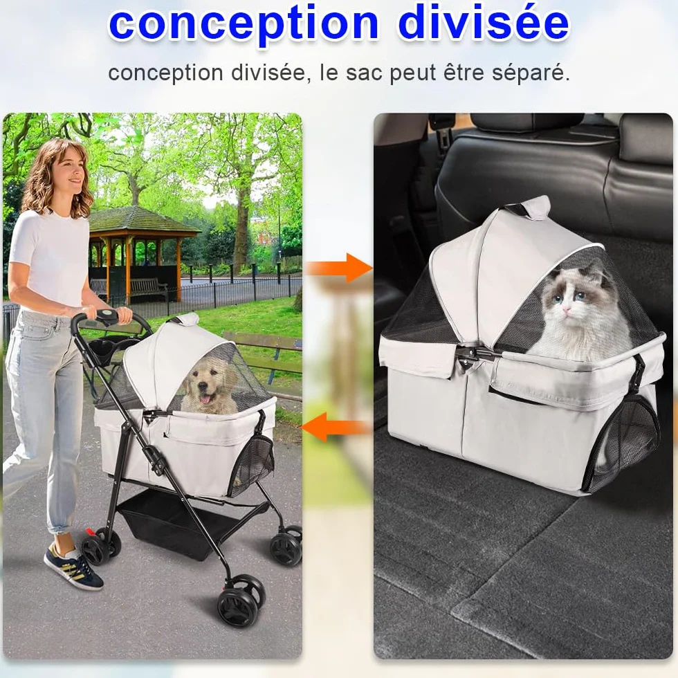 Poussette pour chien chat 3 en 1 nacelle amovible caisse transport pliable tissu 600D Oxford roues 360° fenêtre filet