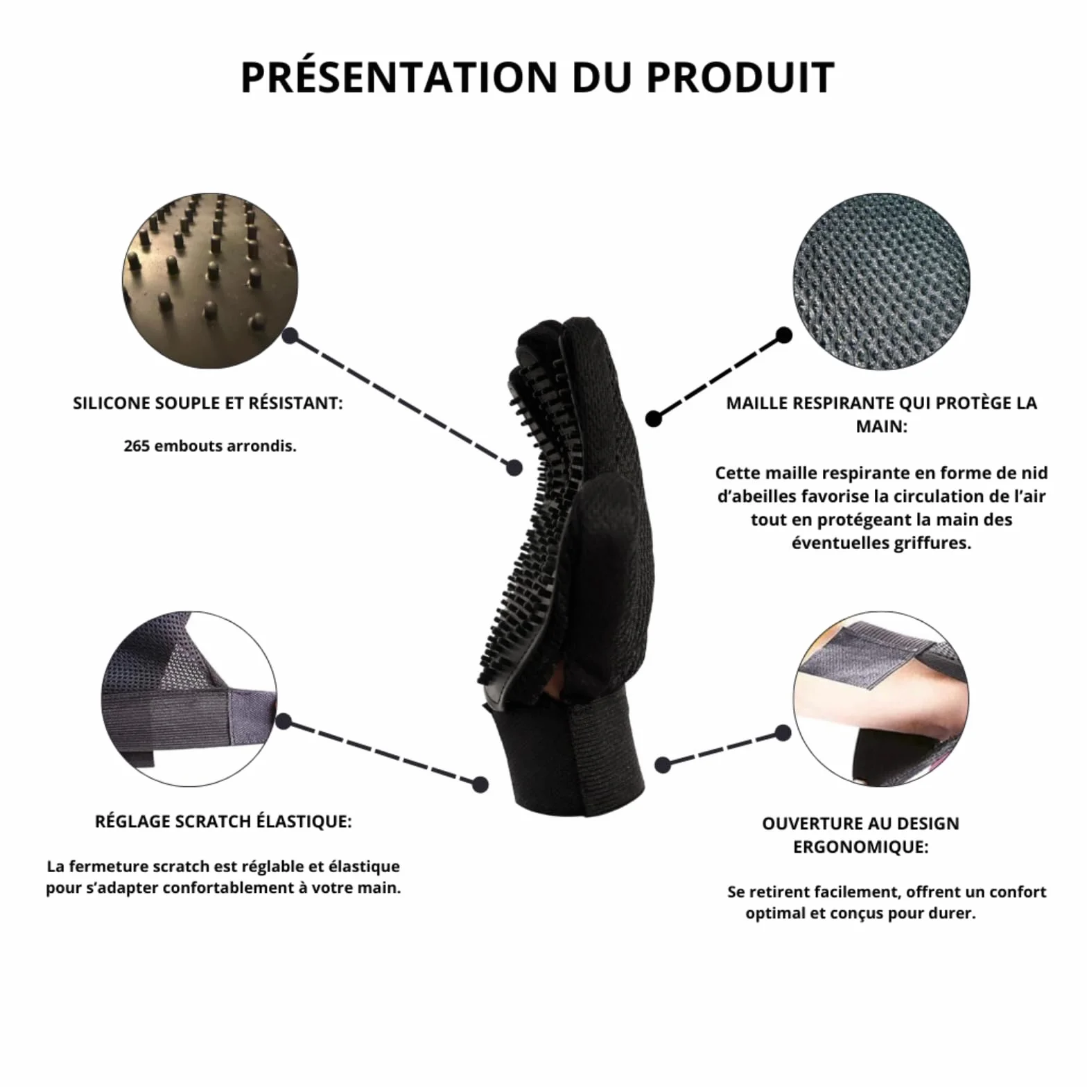 Gants de Toilettage Ajustables pour Animaux 4 en 1 Silicone Doux pour Chien Chat Lapin Brossage Massage Bain Retrait des Poils (Noir)
