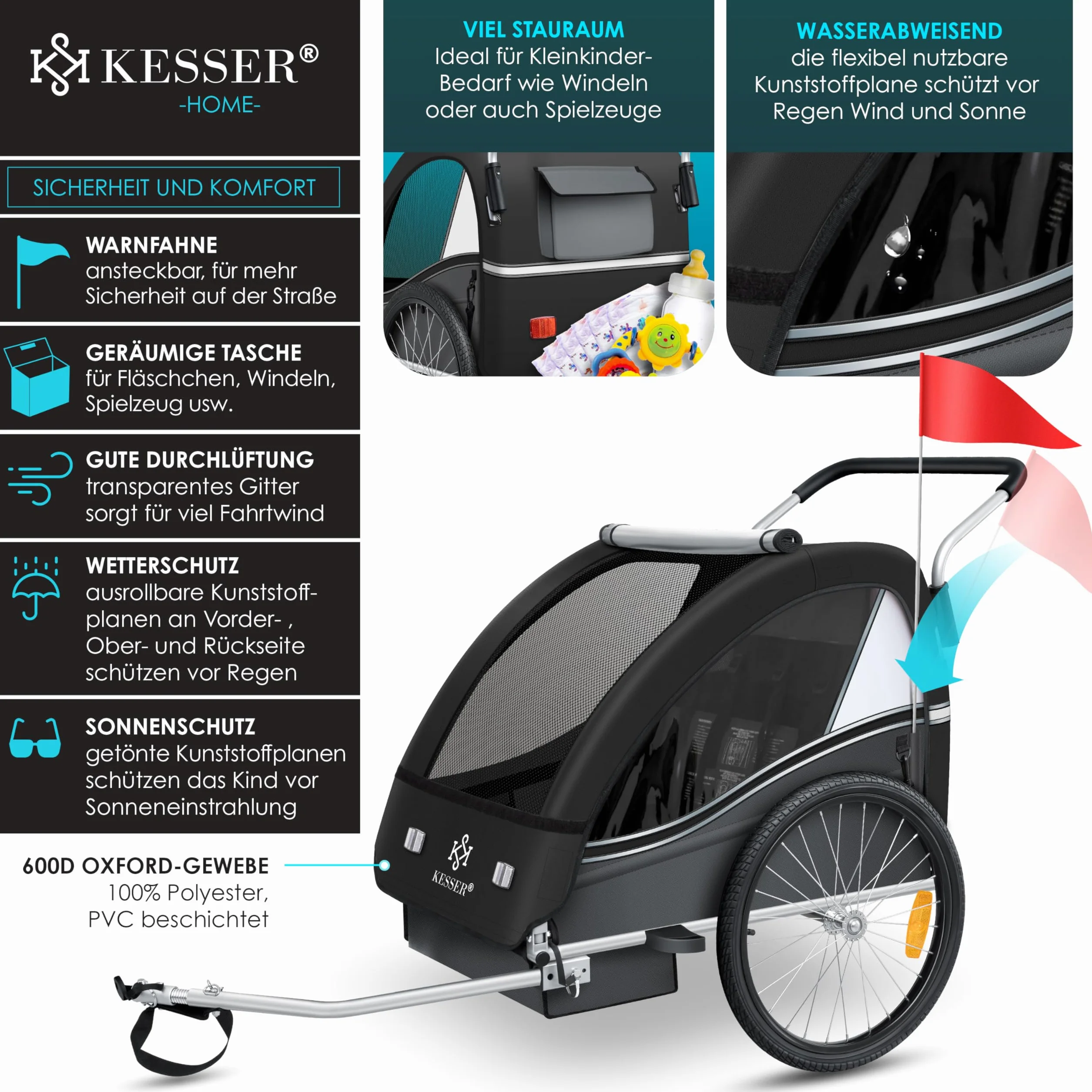 KESSER® Remorque pour Enfants 2en1 Sport-RX Vélo + Running Ceinture 5 Points 360° Roue Avant