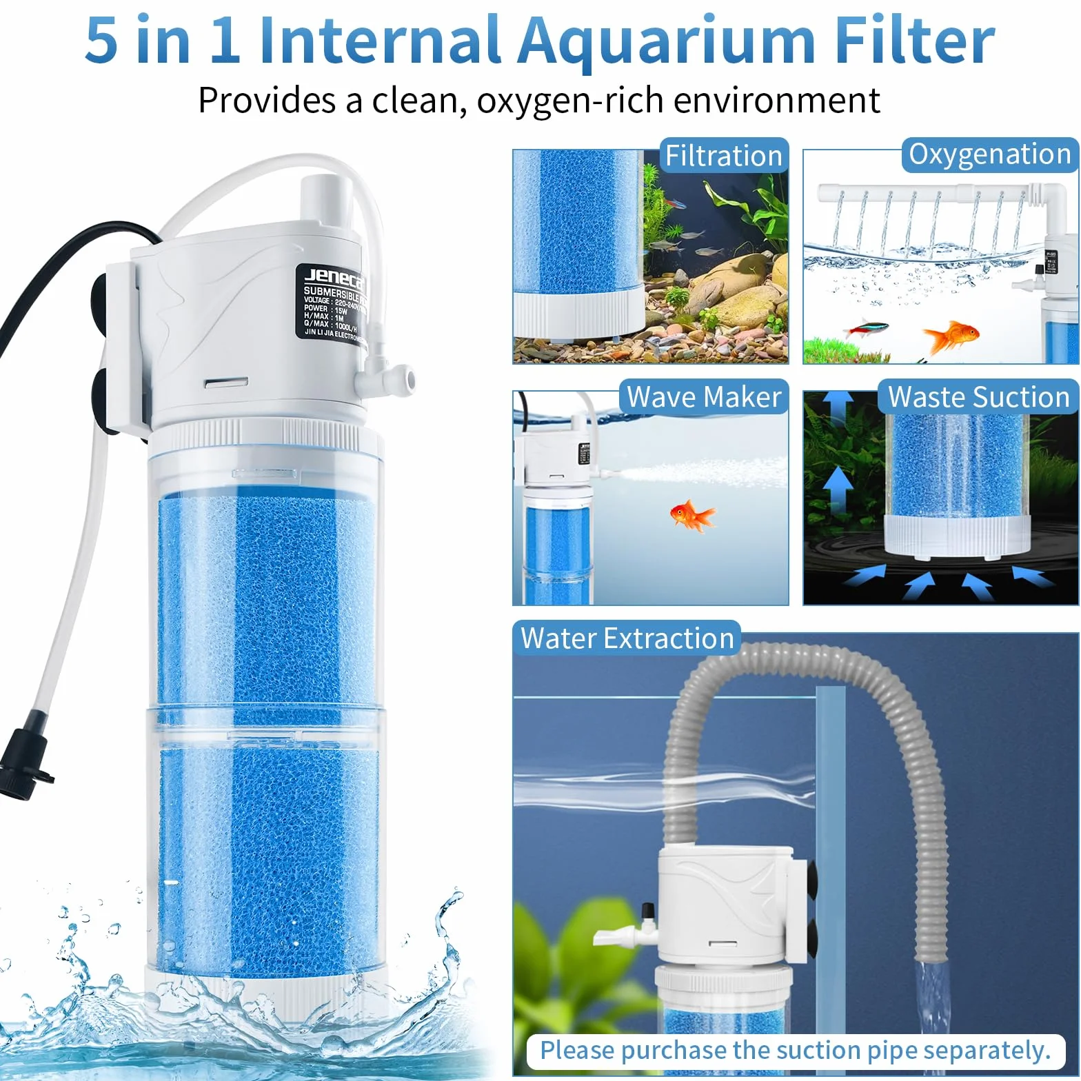 Pompe Aquarium 60L 100L Filtre 15W 1000L/H 5 en 1 Silencieuse Réglable pour 40-150L