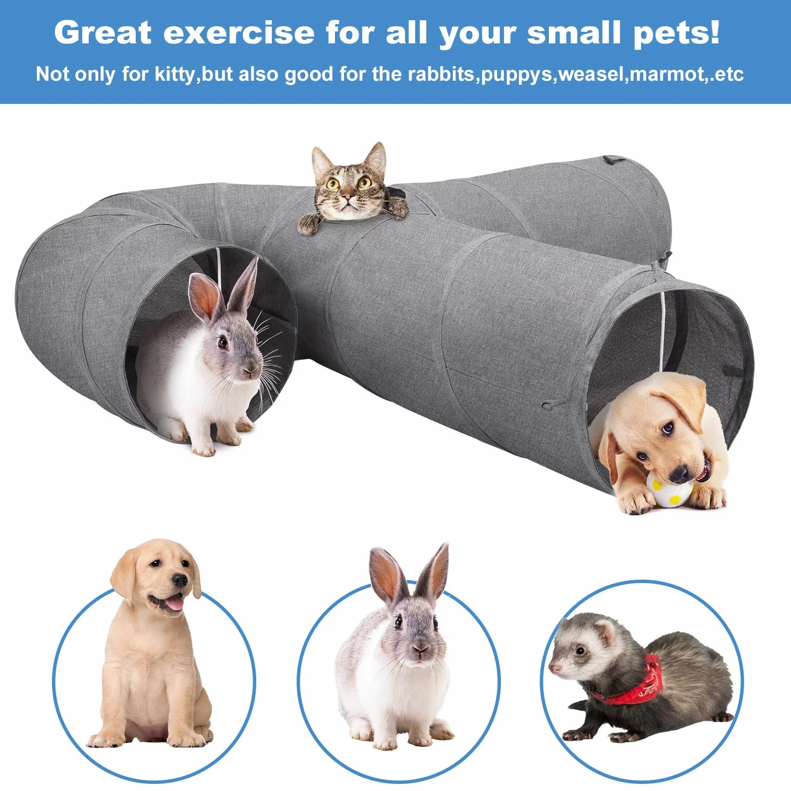 Ownpets Grand tunnel en forme de U pour chat avec 3 voies en tissu Oxford robuste, pliable et résistant aux déchirures, avec plusieurs sorties, boule suspendue et baguette taquineur, diamètre 30 cm