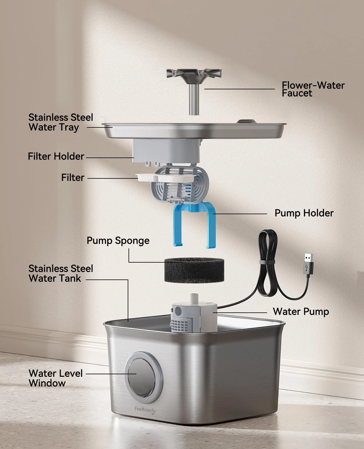 FEELNEEDY Fontaine à Eau pour Chat INOX 2,8L avec 3 Filtres, Système Quadruple Filtration