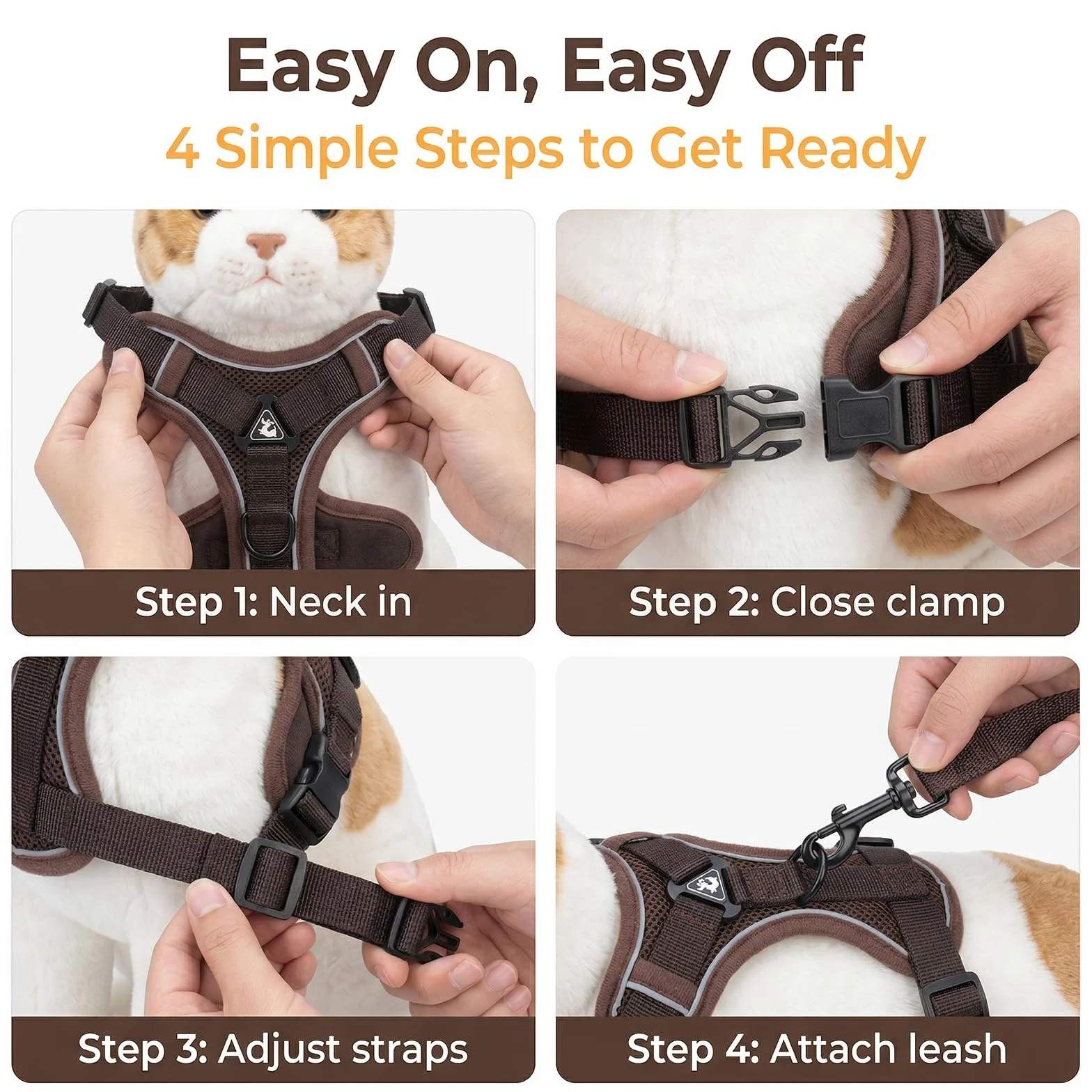 Harnais pour Chat avec Laisse Anti-éclatement, Laisse Réglable en Maille Respirante, Gilet de Sécurité Souple avec Bandes Réfléchissantes pour Chats (Café-M)