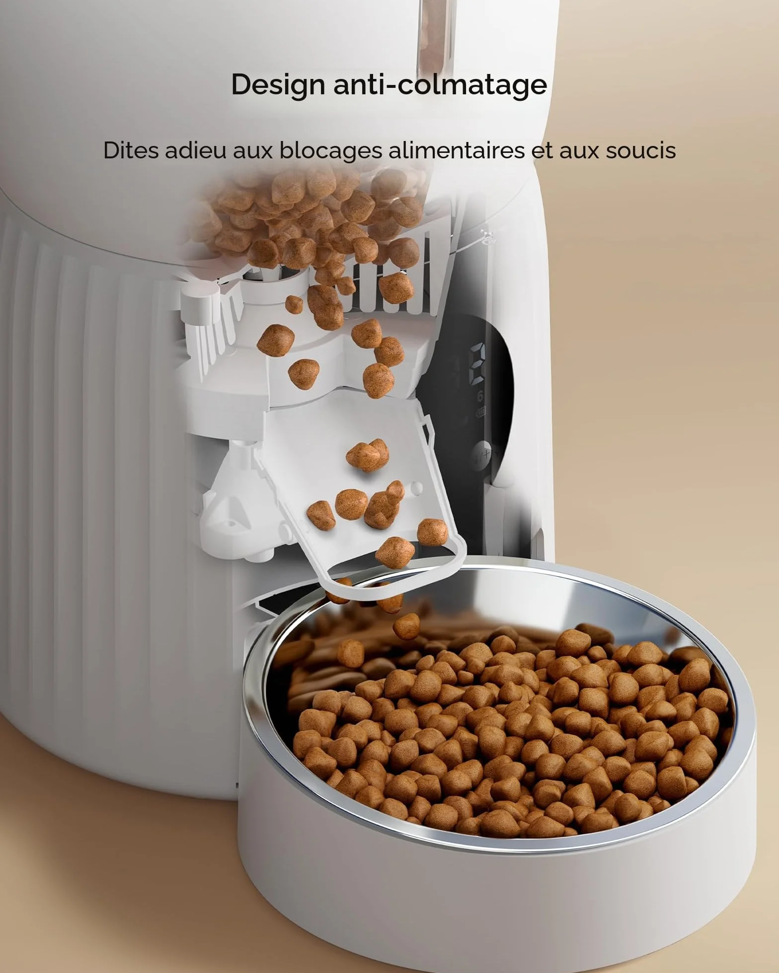 Faroro Distributeur Croquettes Chat Automatique 4L Contrôle Portions Enregistrement Vocal 10s Alimentation Lente Blanc