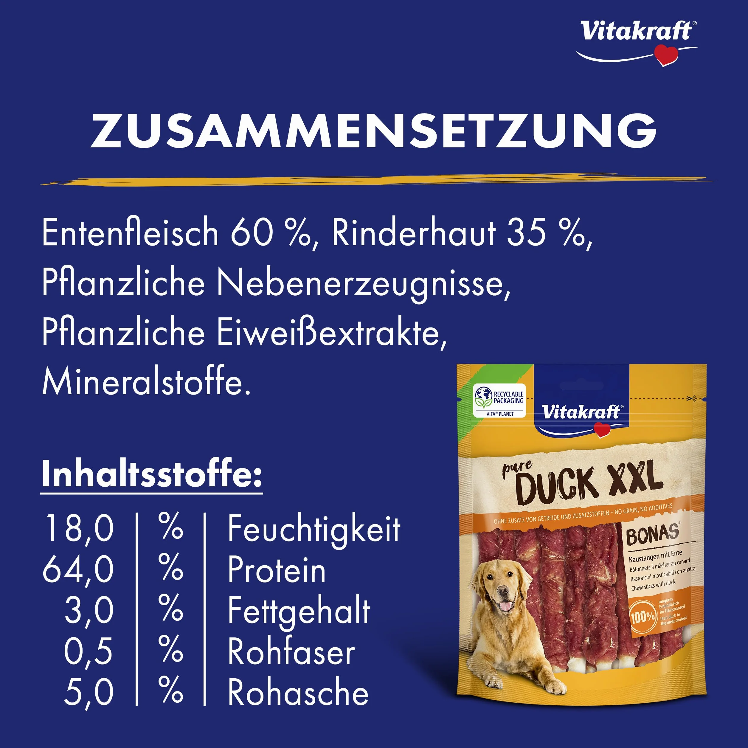 VITAKRAFT Pure Duck XXL Bonas, Friandises pour Chien, Bâtonnets À Mâcher Au Canard, sans Sucre Ni Céréales Ajoutés (200G)