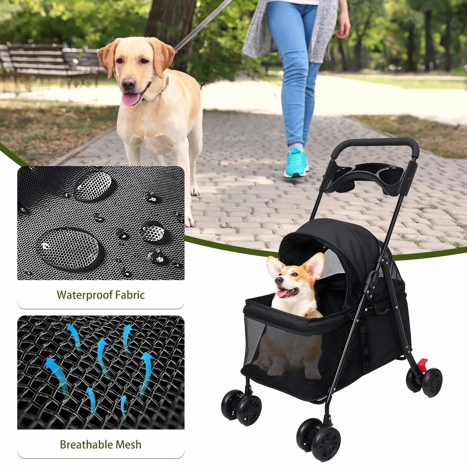 Poussette pour chats et chiens pliable 4 roues avec porte-gobelet fenêtre maille bleu