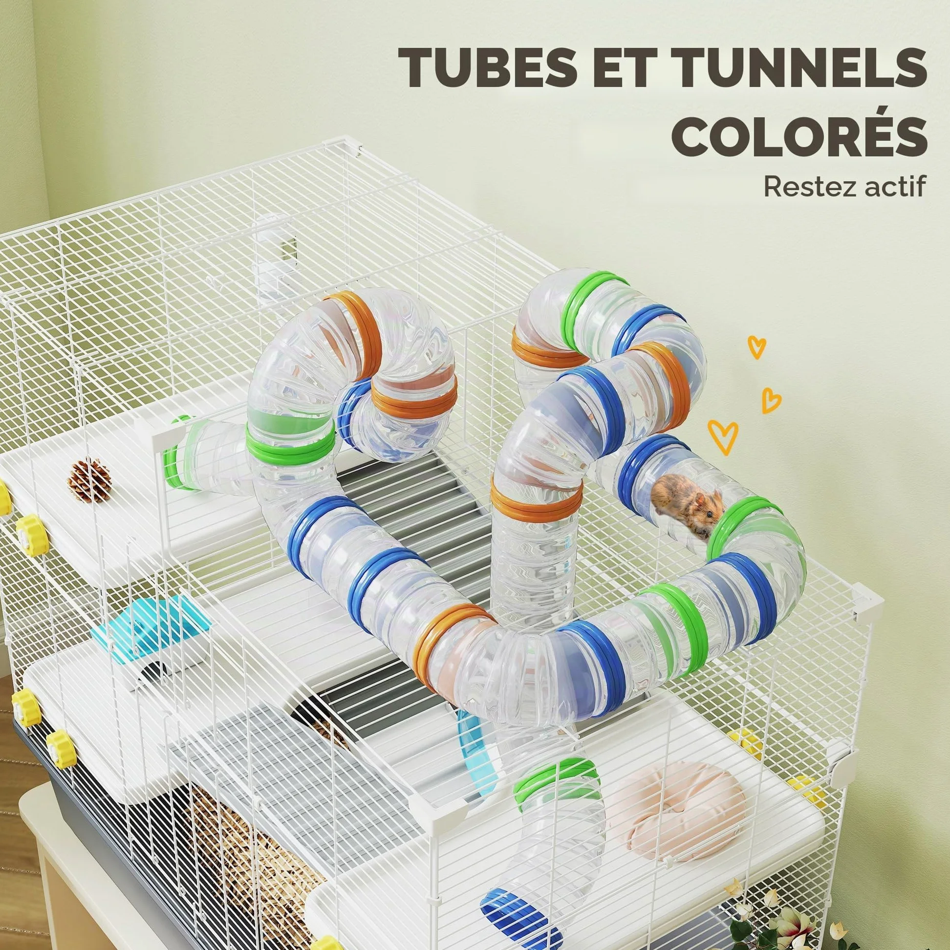 PawHut Cage Hamster 4 Niveaux avec Roue 78x45x73 cm Gris | Cage rongeur, bol nourriture, tunnel, cabane, porte supérieure, pour hamster syrien