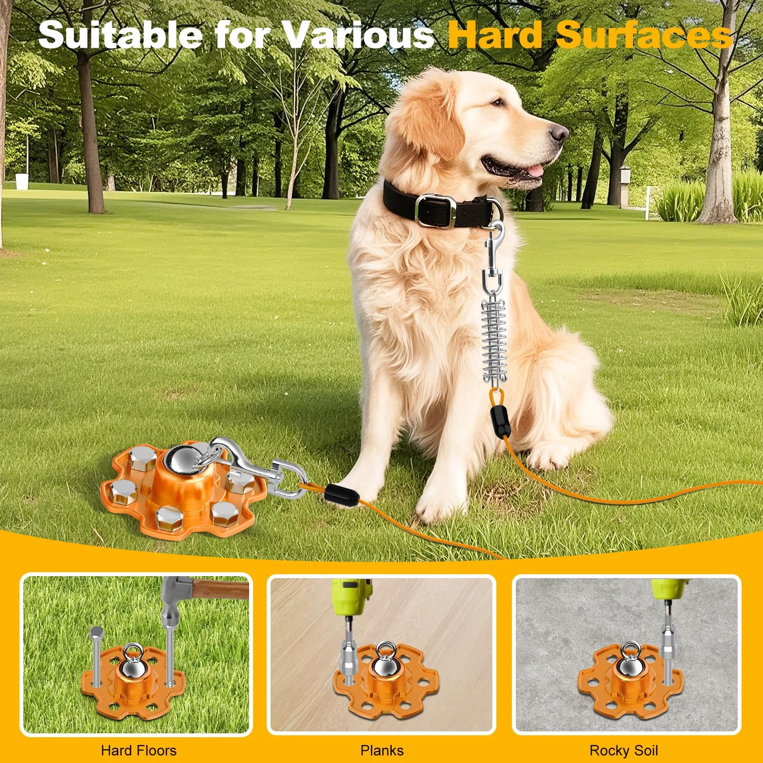 Piquet d'Attache pour Chien 360° Pivotant Robuste 6 Ancrage Vis 180 lb Force Traction Orange