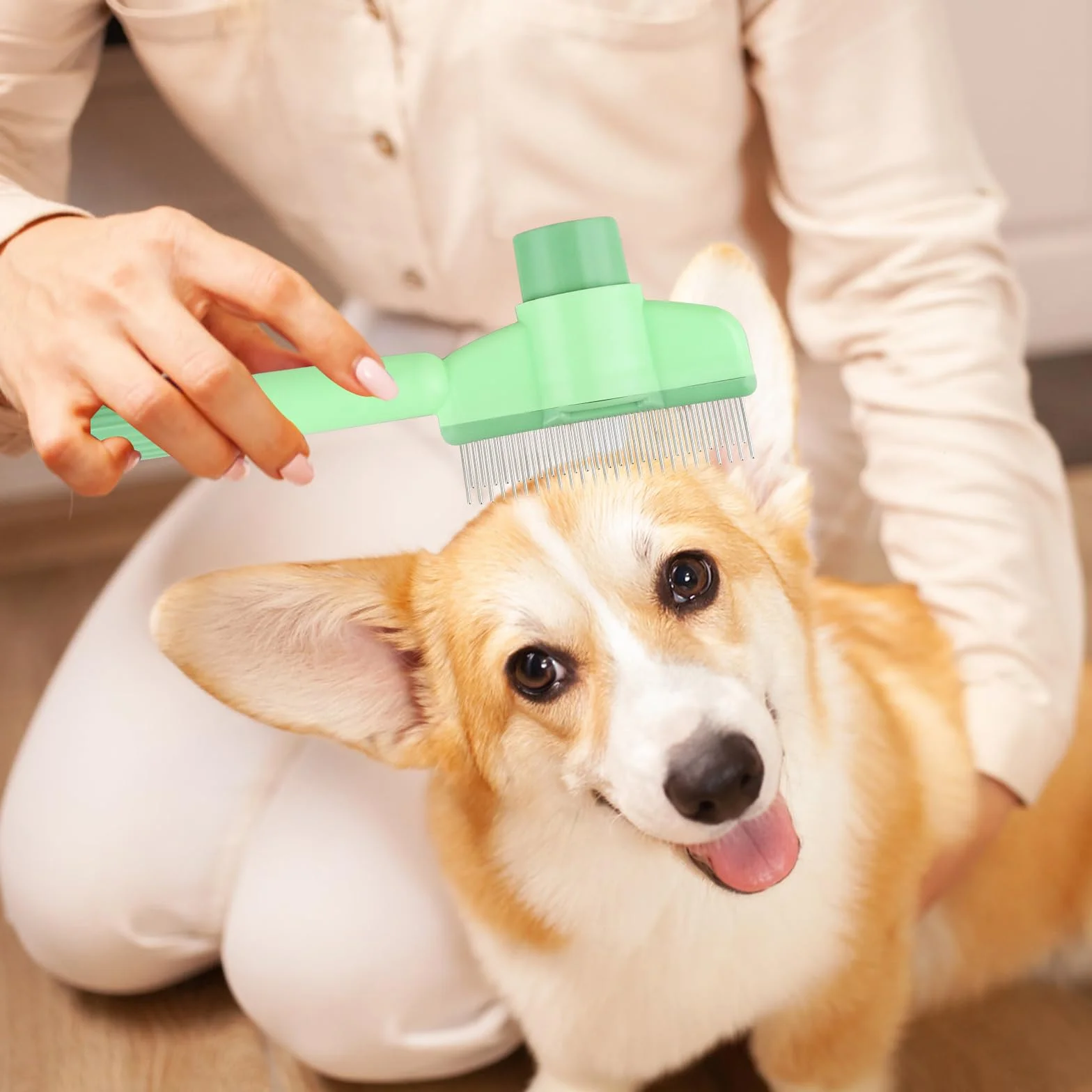 Brosse Chat Autonettoyant Peigne à Puces pour Animaux Compagnie Poil Long Court avec Bouton Déverrouillage