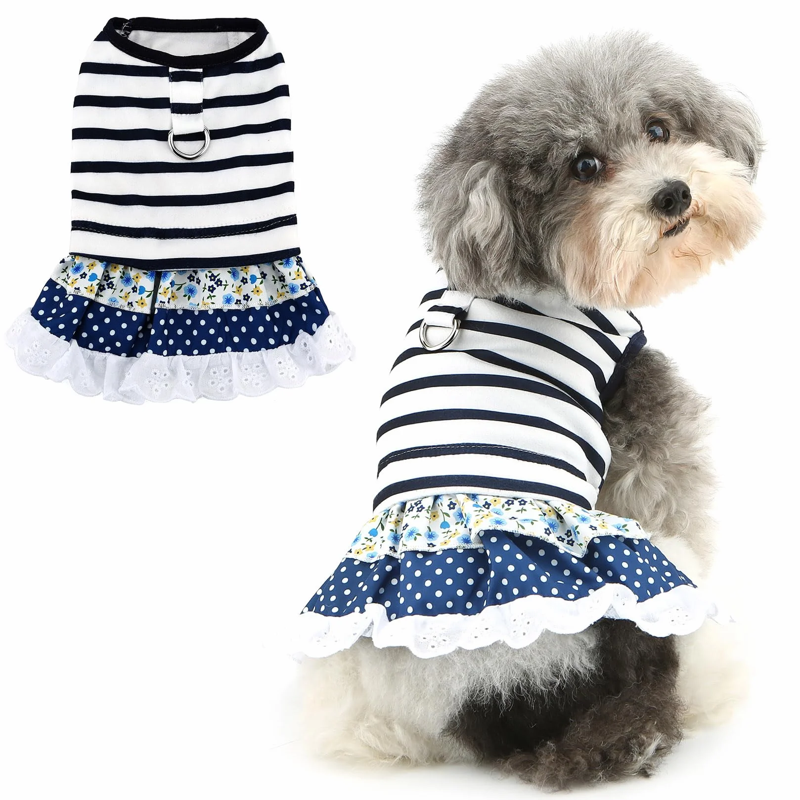 Robe rayures nautiques chien XL jupe dentelle florale pois anneau D yorkshire chihuahua printemps été