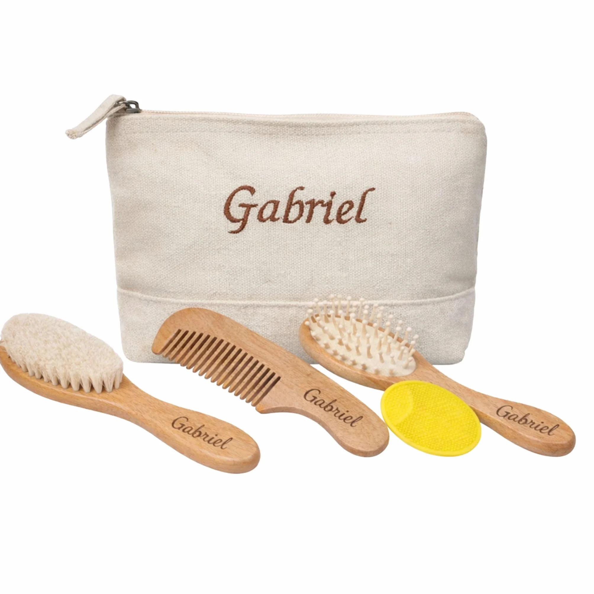 Brosses & Peigne bébé personnalisés Prénom Gravé Trousse de toilette bébé Prénom Brodé Ensemble 5 pièces
