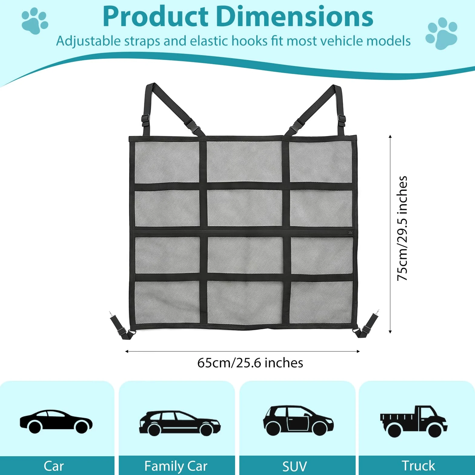 Barrière De Sécurité Pour Chien, Barrière Pour Animaux En Filet Double Épaisseur, Évite Que Le Chien Ne Saute Et Ne Distrait Le Conducteur, Facile À Installer Avec Sac De Rangement, 75 X 65 CM