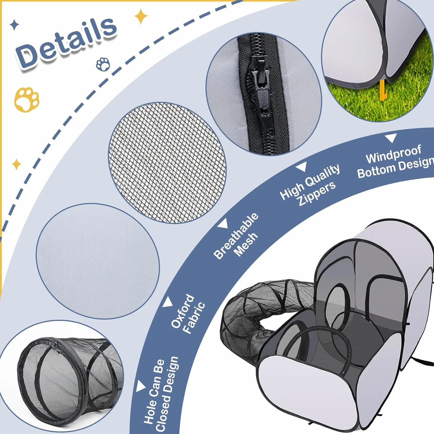 Grand parc 3 en 1 pour chat avec tunnel, enclos de jeu extérieur intérieur, tente portable pour petits animaux