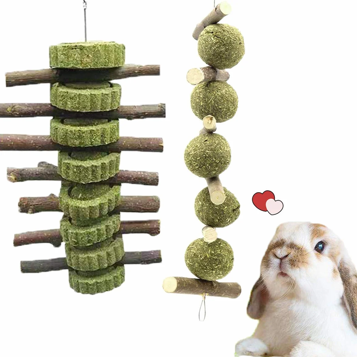 Jouets à mâcher naturels en Forme de Boules et de bâtons pour Lapin, Hamster, Perroquet, Chinchilla, Cochon d'Inde et Gerbille à Base d’Herbe et de Rose