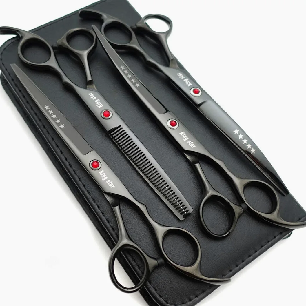 Toulifly Lot de 4 Paires de Ciseaux Professionnels de toilettage pour Chien en Titane 17,8 cm Noir Brillant