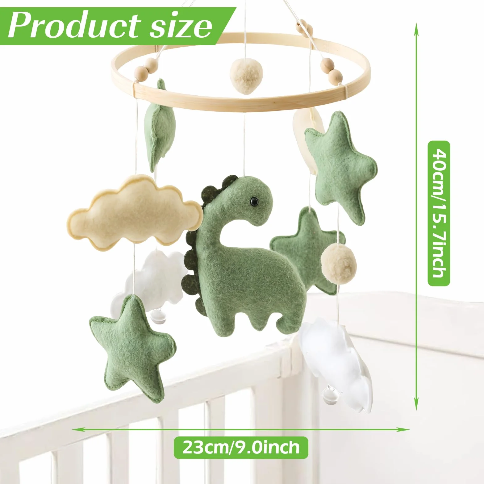 Carillon éolien bébé Dinosaure étoiles nuages Mobile bois lit bébé Jouet sensoriel Cadeau vert chambre enfant