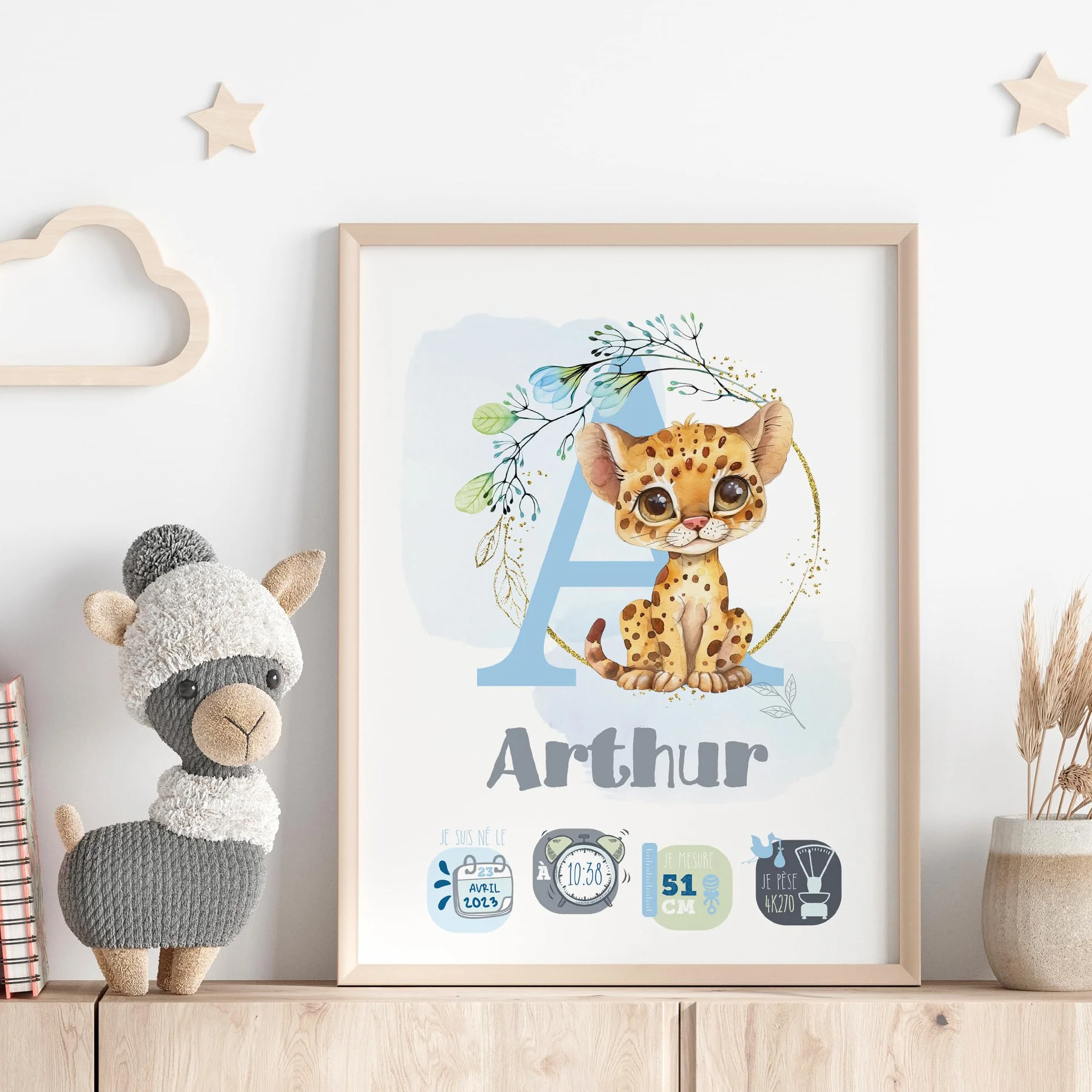 ÉNJA Création Affiche Personnalisée Décoration Murale Bébé Poster Prénom Poids Date Naissance Garçon