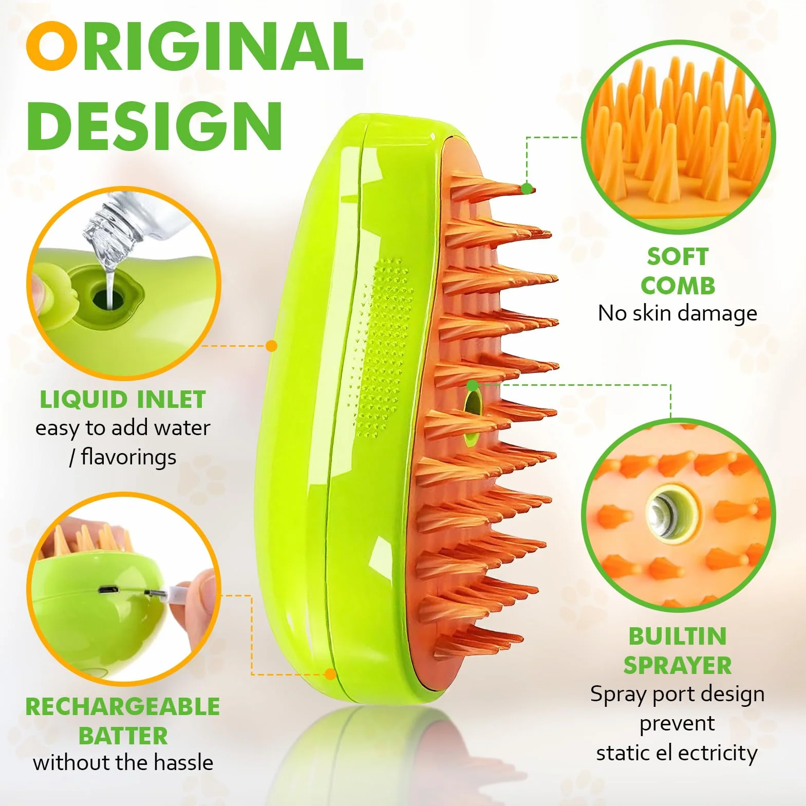 Brosse Chat à Vapeur 3-en-1 Multifonction Vert Démêler Noeuds Poils Lâches