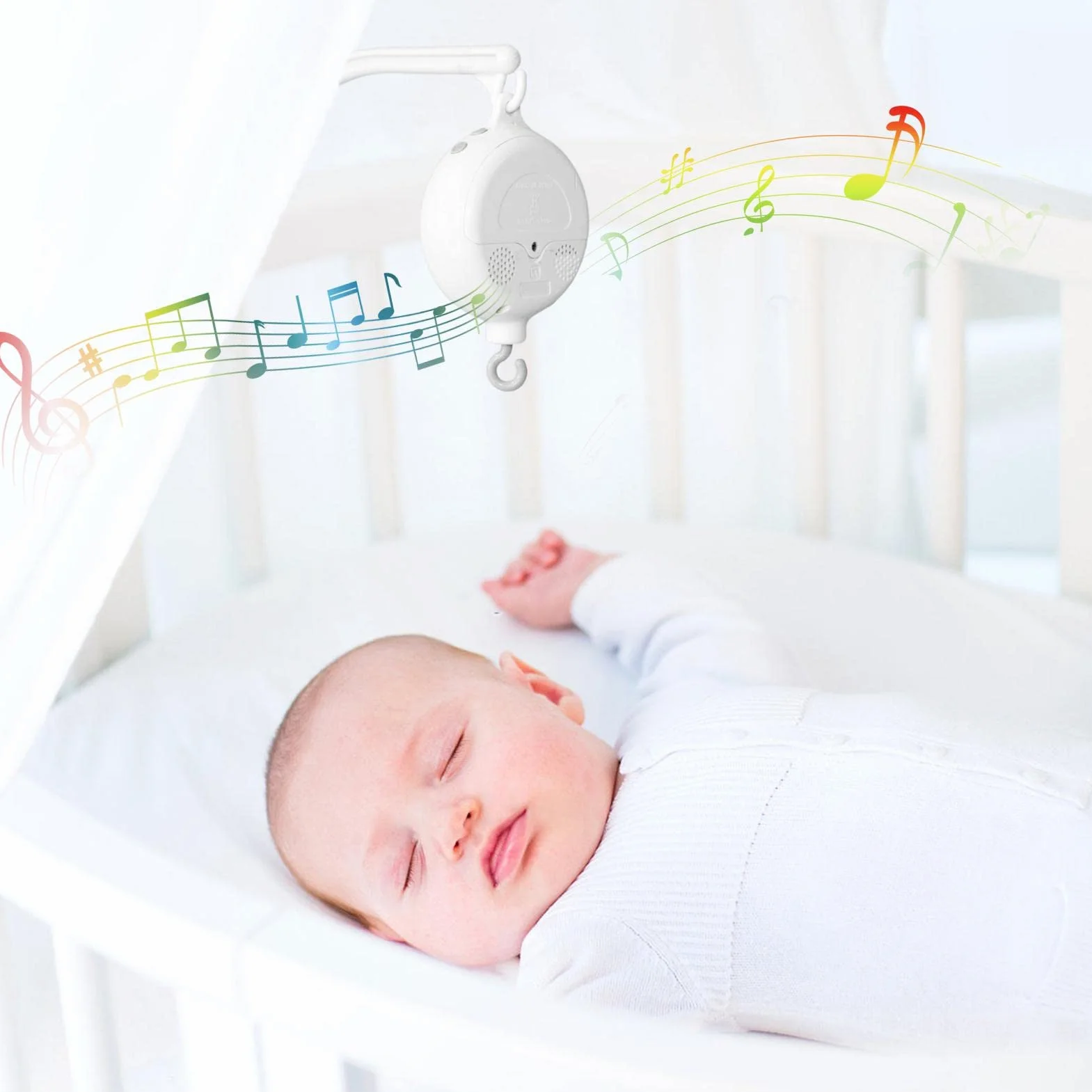 Boîte à musique mobile pour berceau de bébé 35 mélodies douces à piles Portable avec crochet rotatif