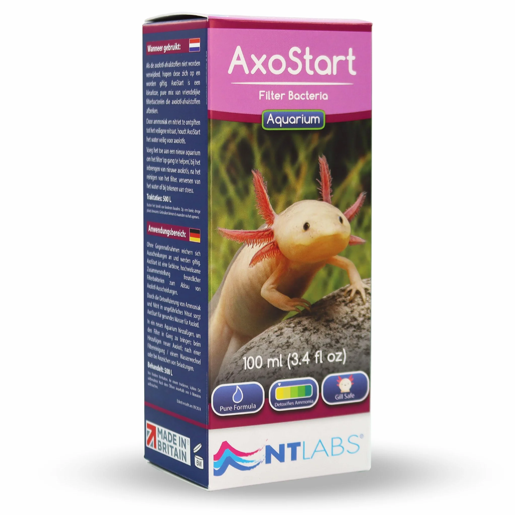 NT Labs Bactéries filtrantes Axolotl, décomposent les déchets d'axolotl toxiques, prévient l'ammoniac et le nitrite, utilisation après l'ajout d'axolotl ou d'un filtre propre (100 ml – traite 500 l)