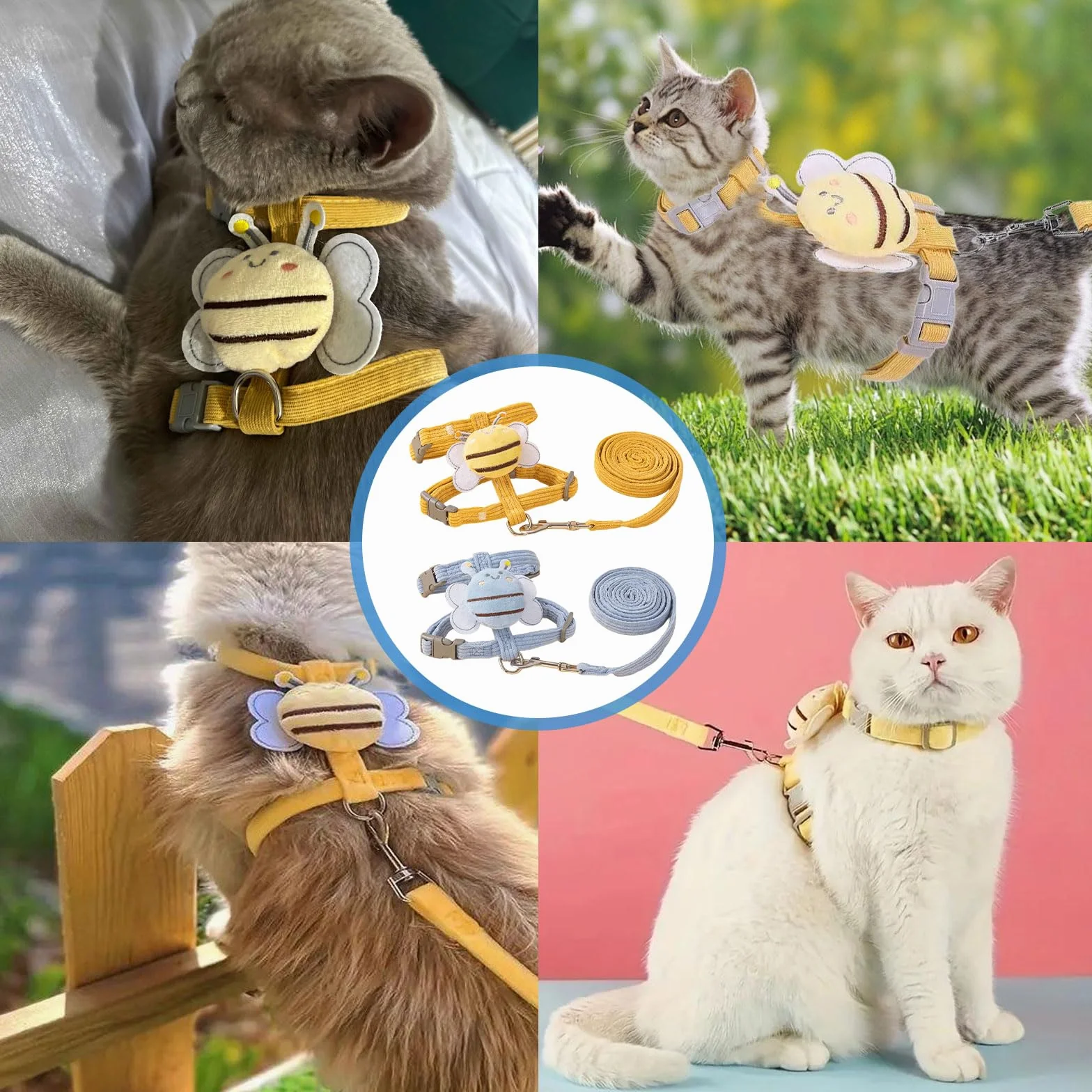 Harnais pour Chat Réglable Anti Évasion 2 Pièces, Laisse pour Chaton et Petit Chien Jaune Bleu