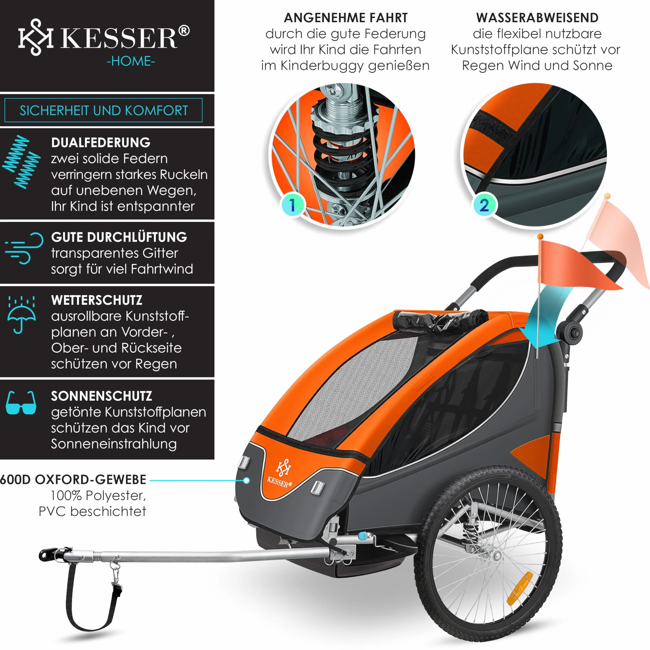 KESSER Remorque de vélo pour enfant pivotante 360° avec suspension 2 en 1, charge max 40 kg