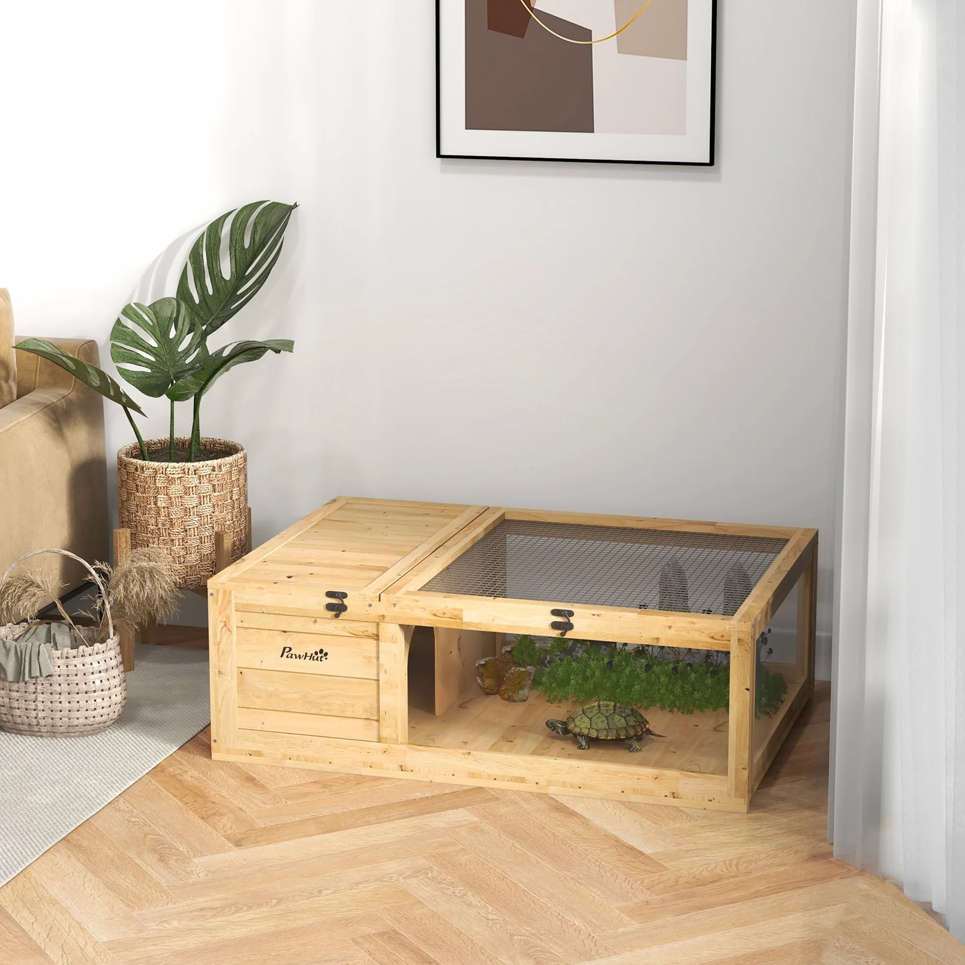 PawHut Maison pour Tortues de Terre avec Espace modulable 91x60,5x32cm Jaune Clair