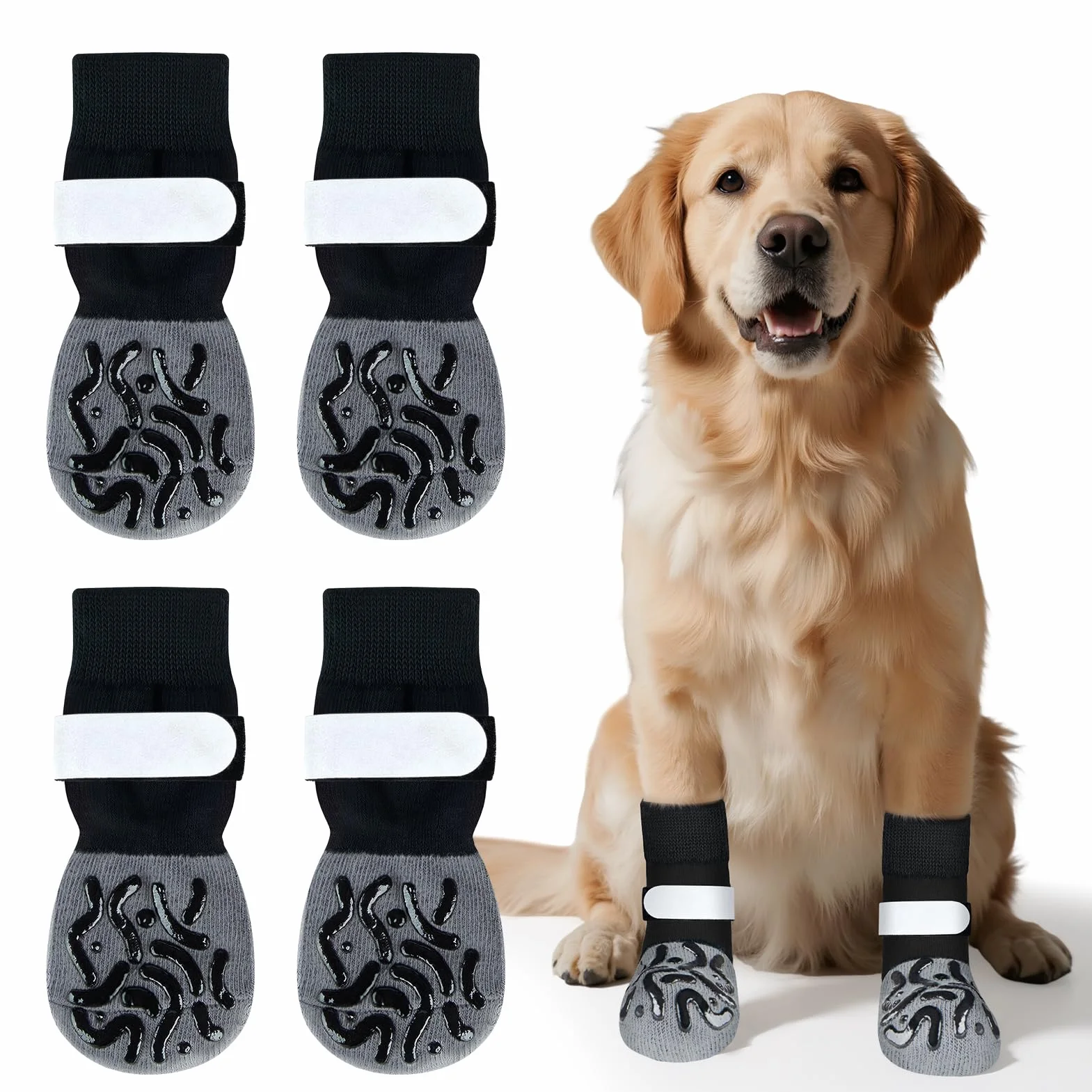 Kiiwah 2 Paires Chaussette Chien Antidérapantes Double Face, Anti-léchage Chaussettes Chien avec Fermeture Autocollant Réglable pour l'intérieur et l'extérieur
