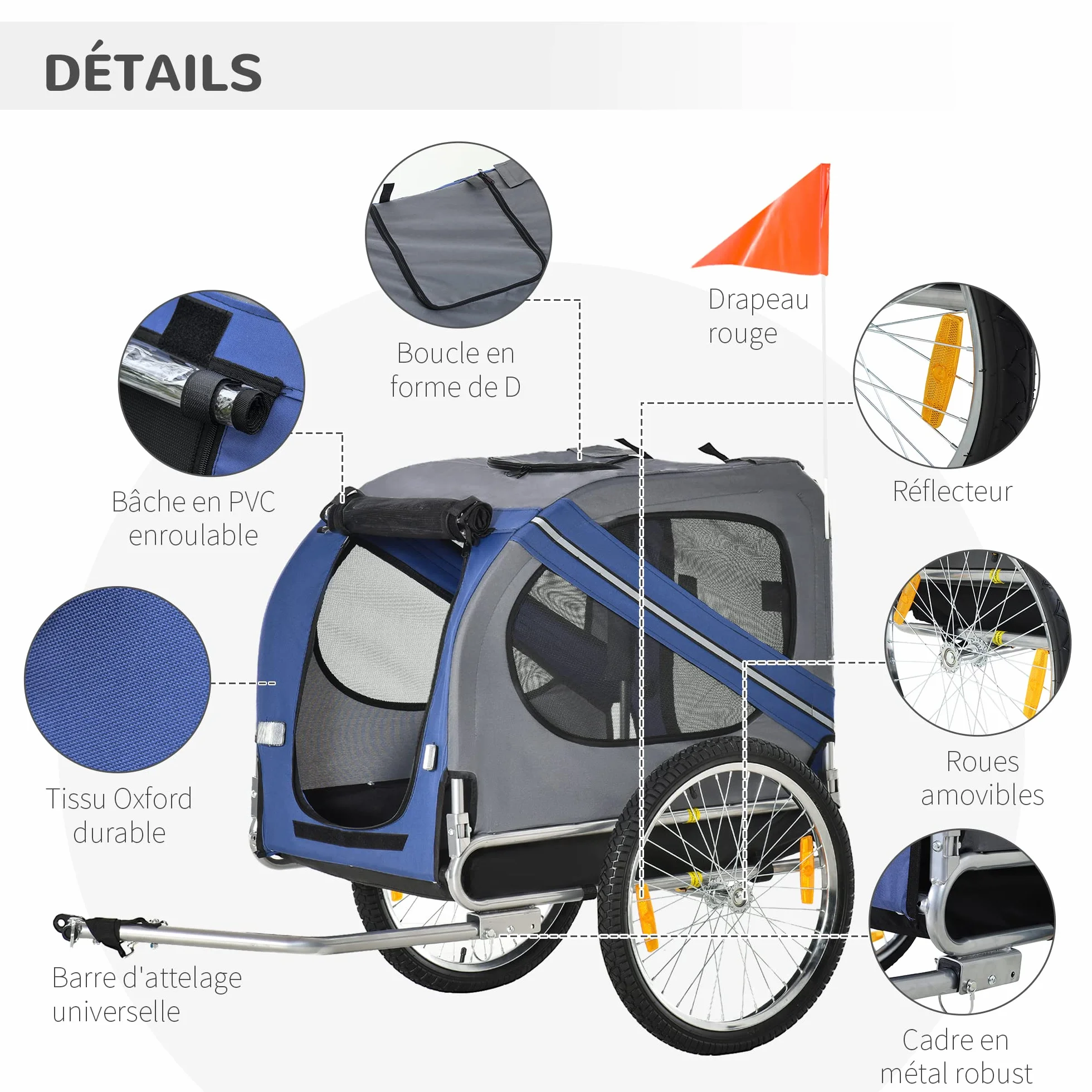 PawHut Remorque vélo pour Chien Pliable 30 kg 130x73x90 cm Acier Polyester imperméable