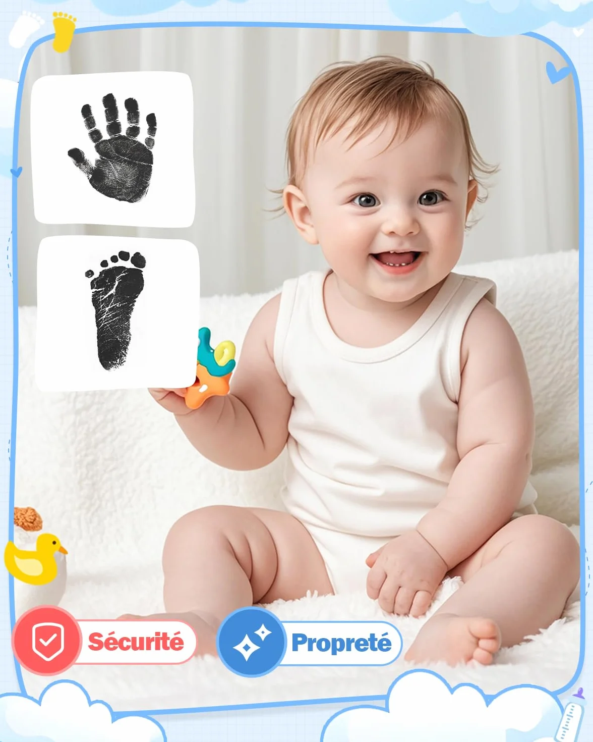 Kit Empreinte Bébé Main et Pied avec Cadre Photo, 2 Tampons Encreurs, 6 Cartes, 4 Clips, Cadeau Baby Shower (Blanc)