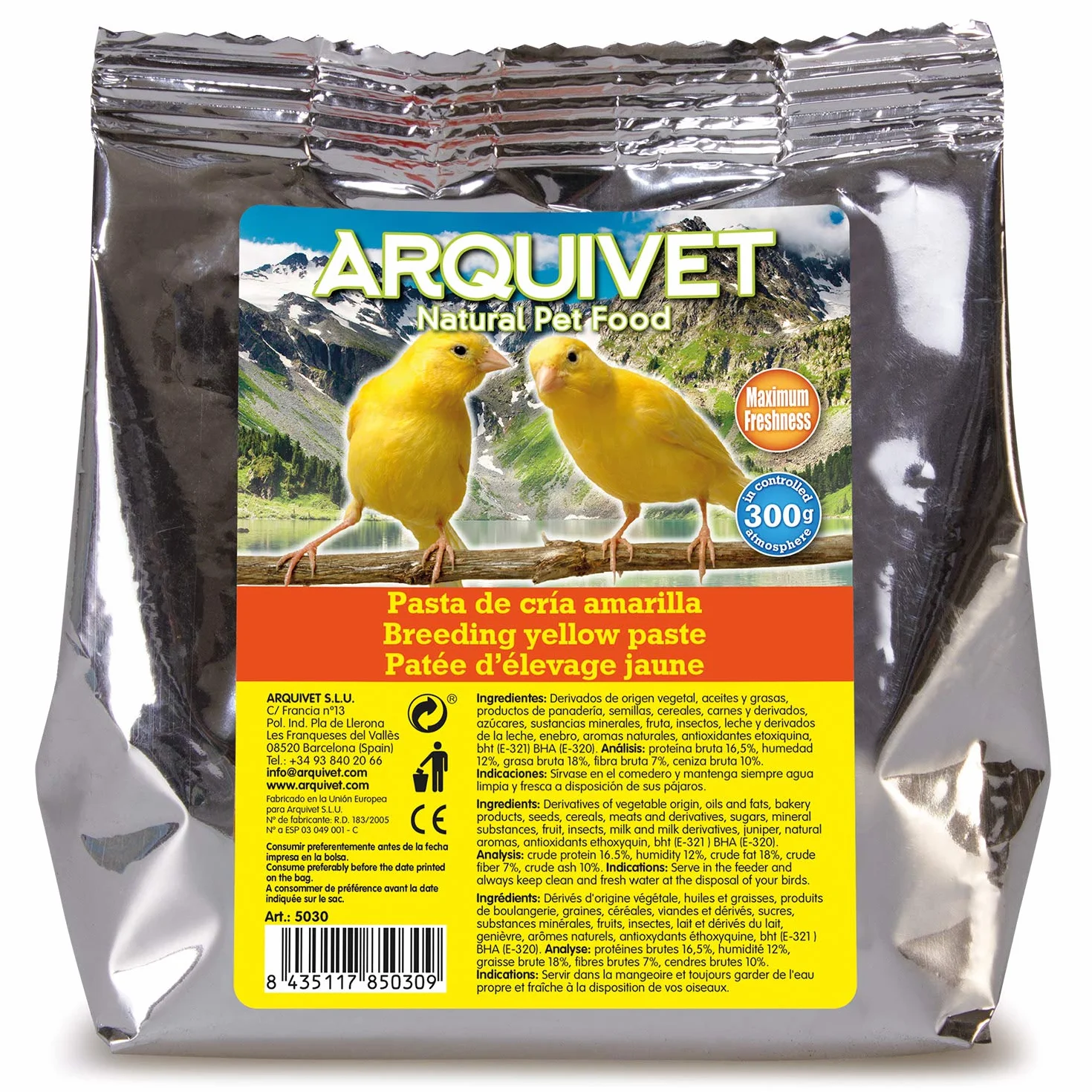 Pâte d'élevage Jaune pour Oiseaux 300 g ARQUIVET Nourriture