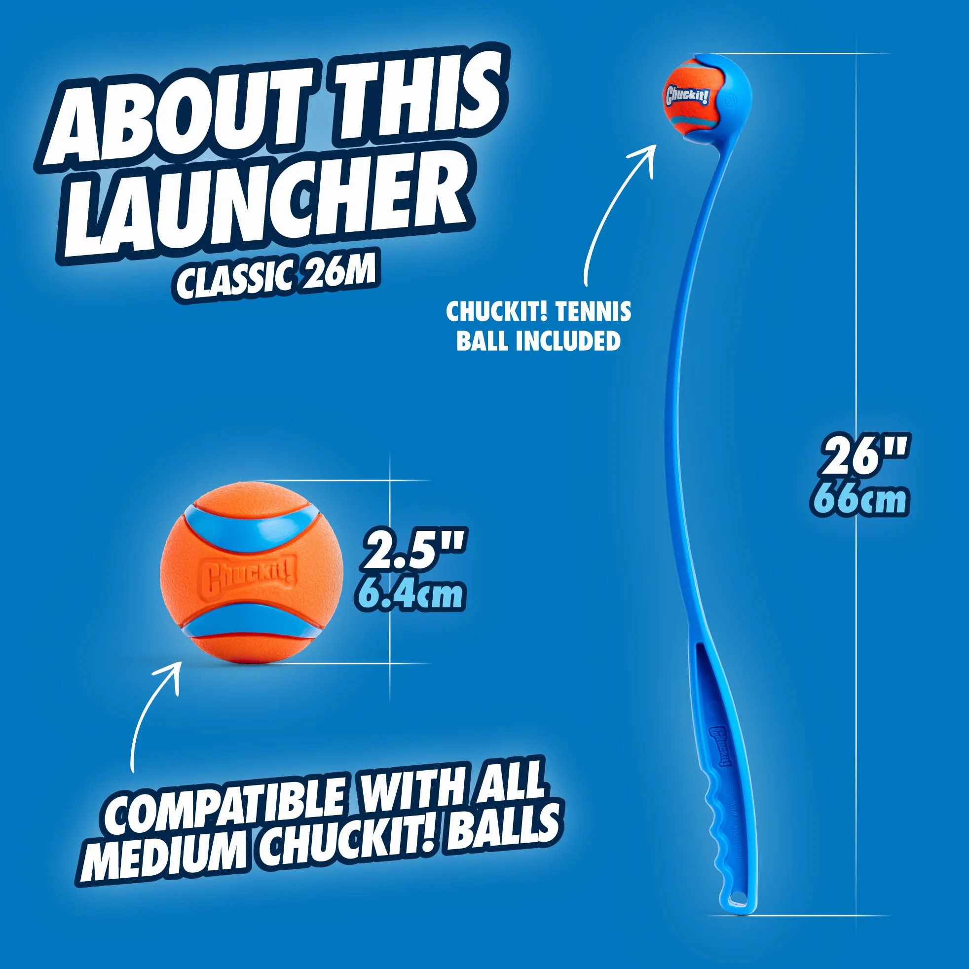 Chuckit! Ultra Ball & Launcher – Classic 66 cm avec 2 balles rebondissantes Moyennes (6,3 cm) pour Chiens de 9 à 27,2 kg, Accessoire Jouet Extérieur Jeux pour Chien, Lanceur de Balles