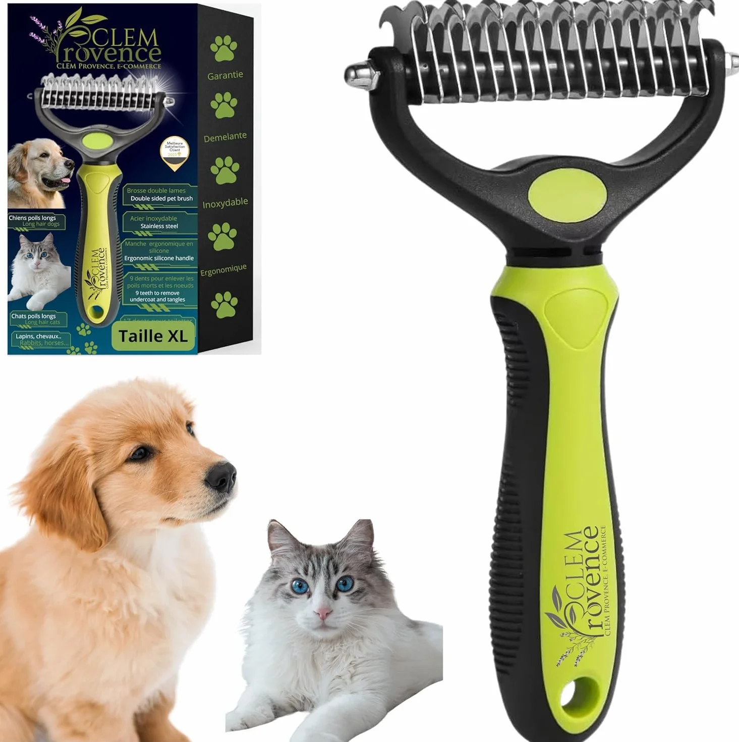 Brosse Démêlante Double Lame pour Chien et Chat Poil Long - Professionnelle pour Enlever Sous Poils et Nœuds