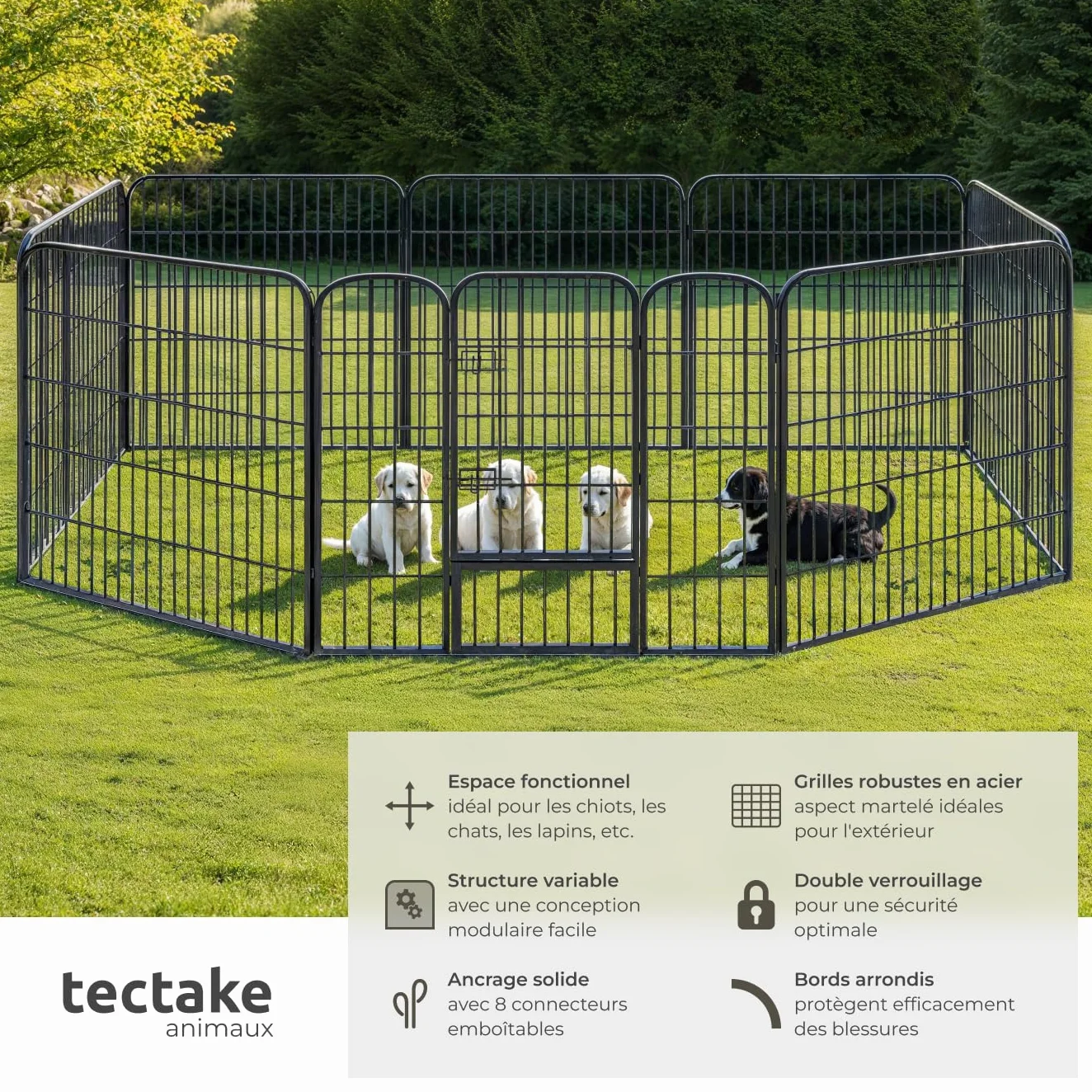 Parc pour Chien Modulable Pliable Enclos Chat Extérieur Cloture Anti Fugue Grillage sans Toit Portes Double Verrou