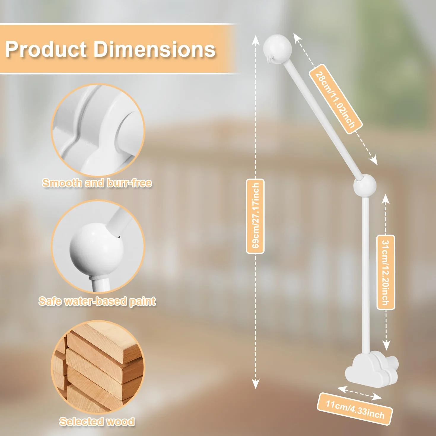 Support Mobile Bébé Réglable en Hauteur, Bras Rotatif, Base Nuage pour Berceaux et Tables à Langer